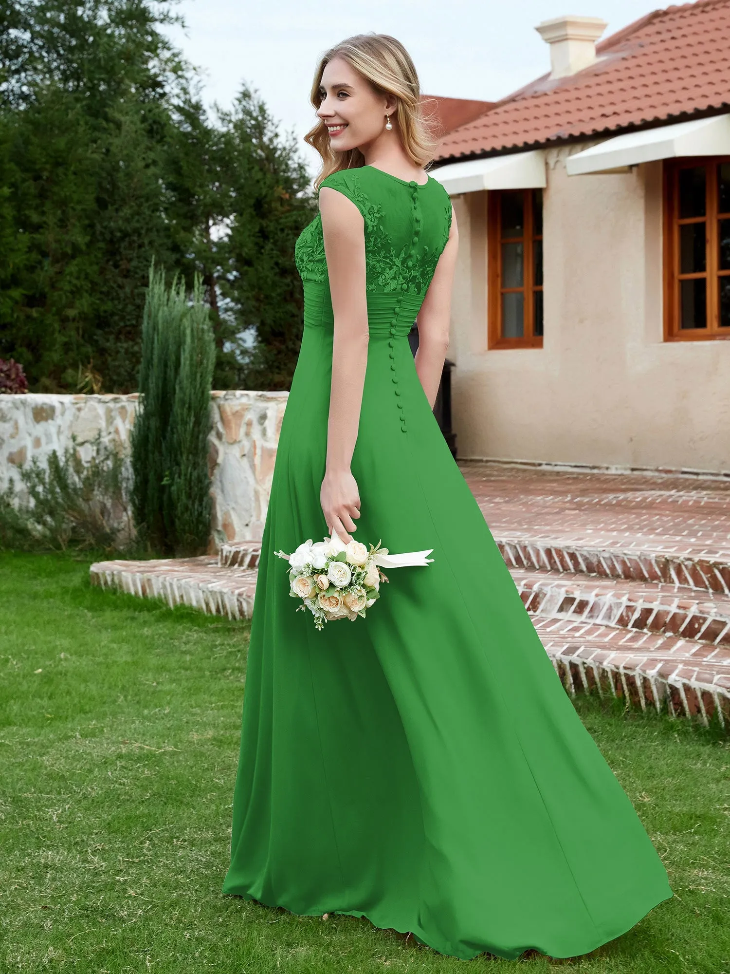 A-Line Chiffon Dress with Illusion Neckline Green