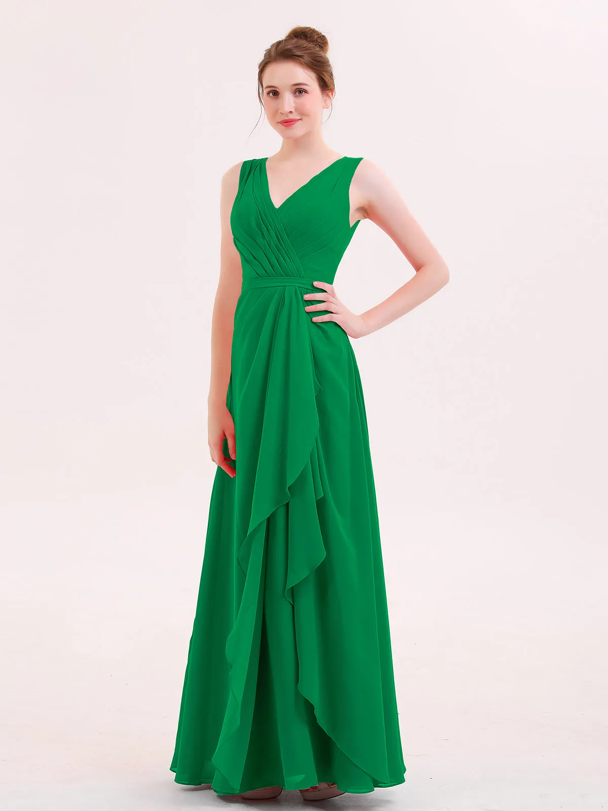 A-line Chiffon Open Back Dress With V-Neck Emerald