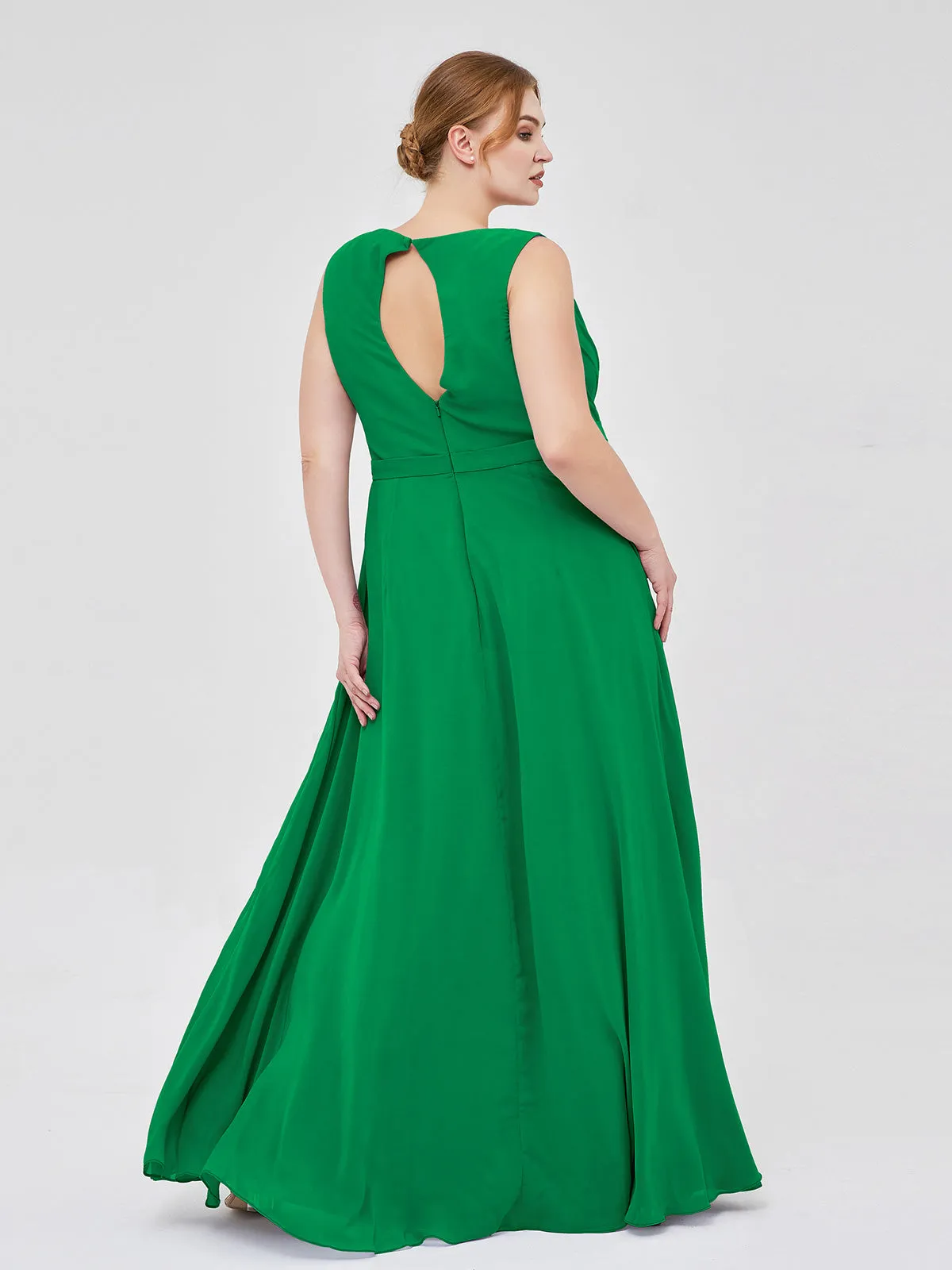 A-line Chiffon Open Back Dress With V-Neck Emerald