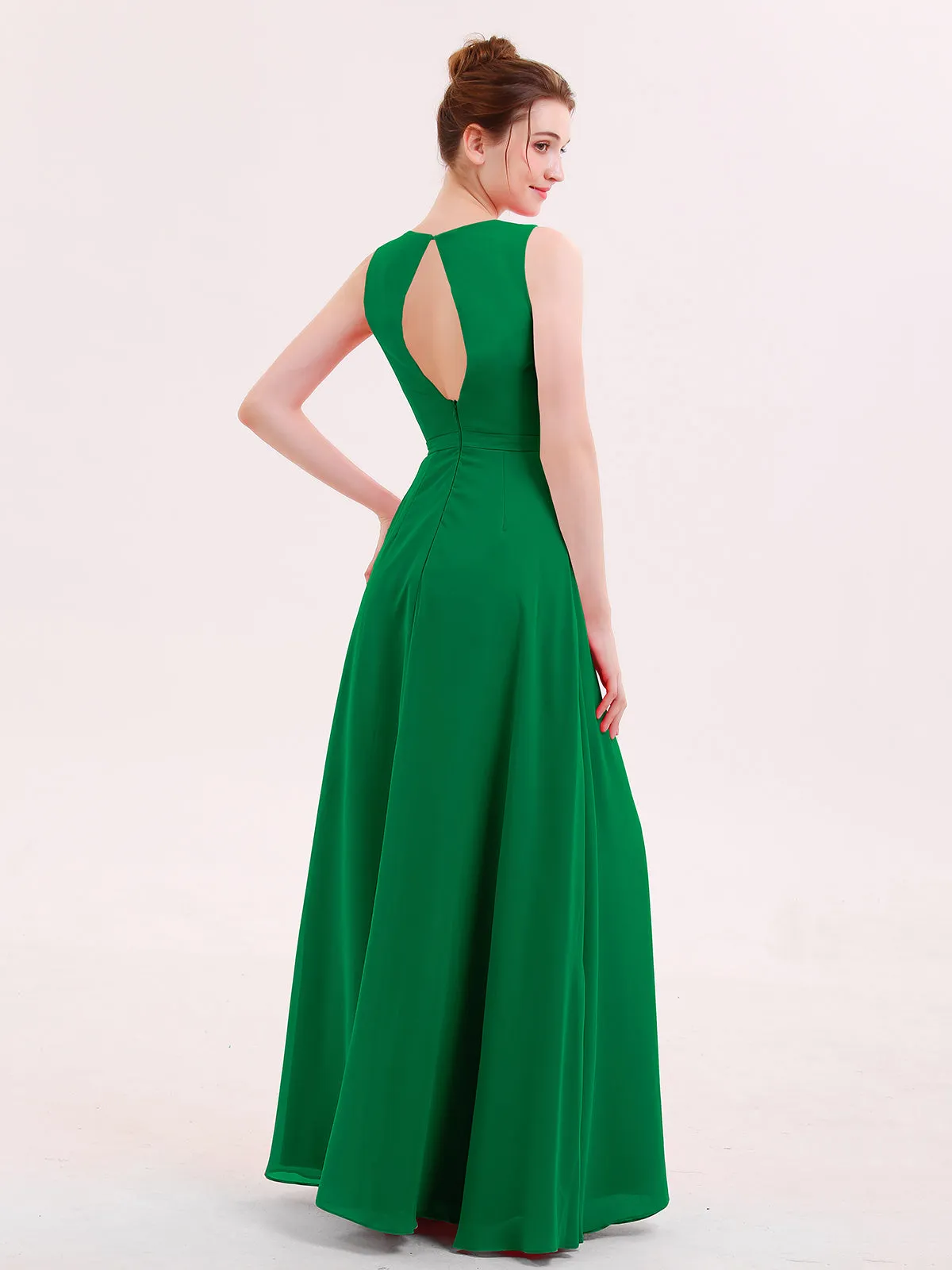 A-line Chiffon Open Back Dress With V-Neck Emerald