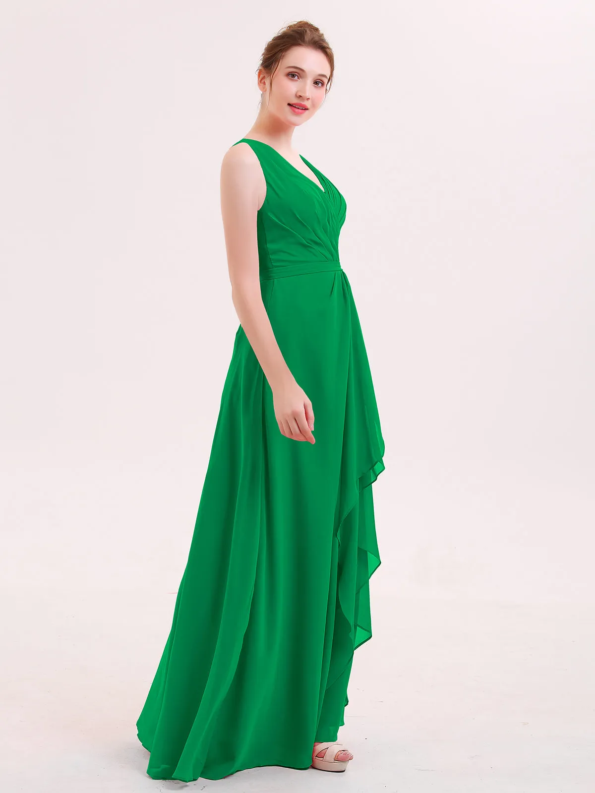 A-line Chiffon Open Back Dress With V-Neck Emerald
