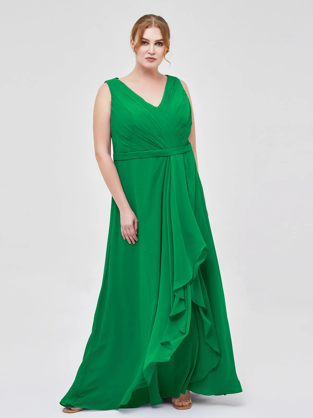 A-line Chiffon Open Back Dress With V-Neck Emerald