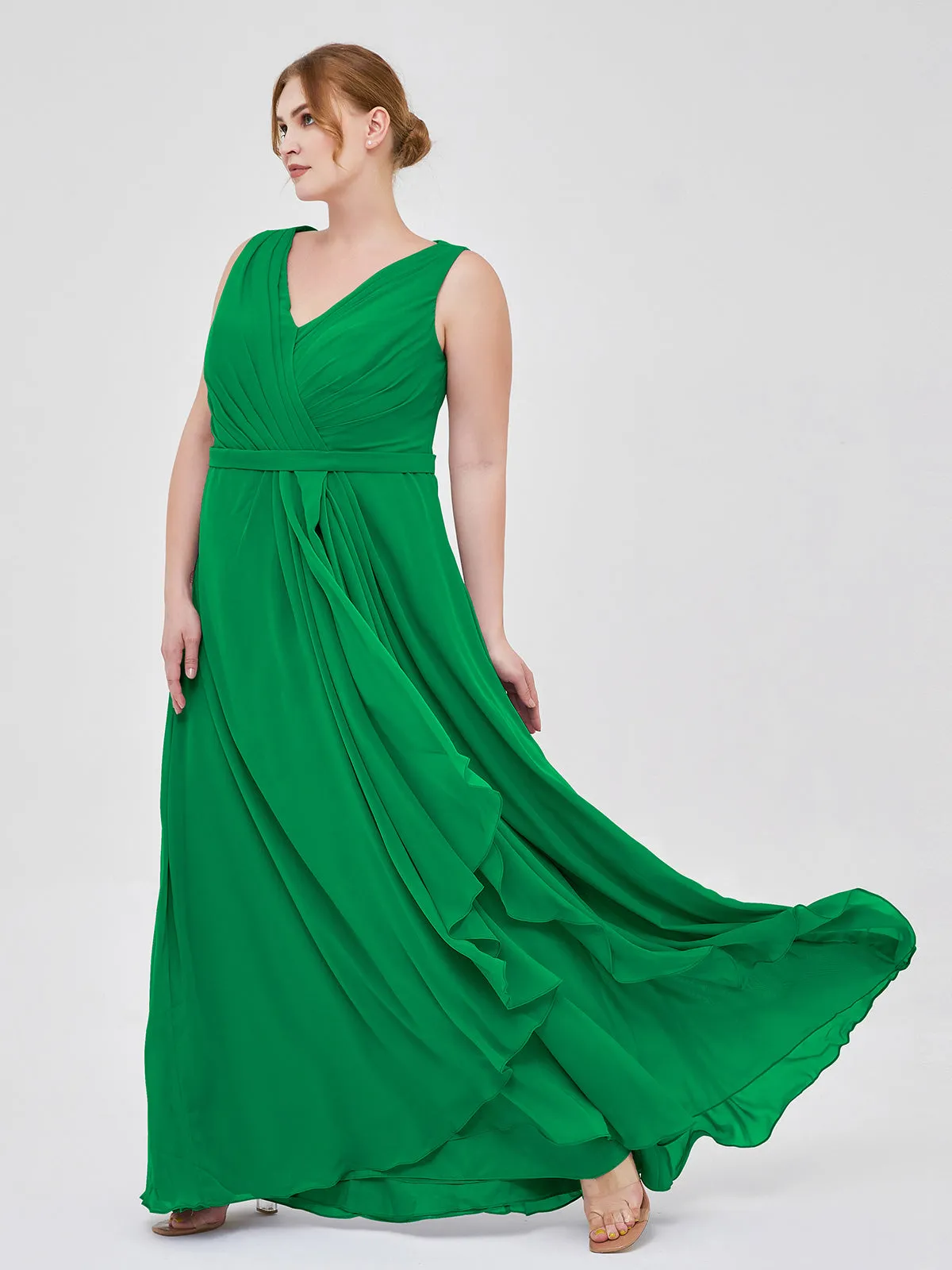 A-line Chiffon Open Back Dress With V-Neck Emerald