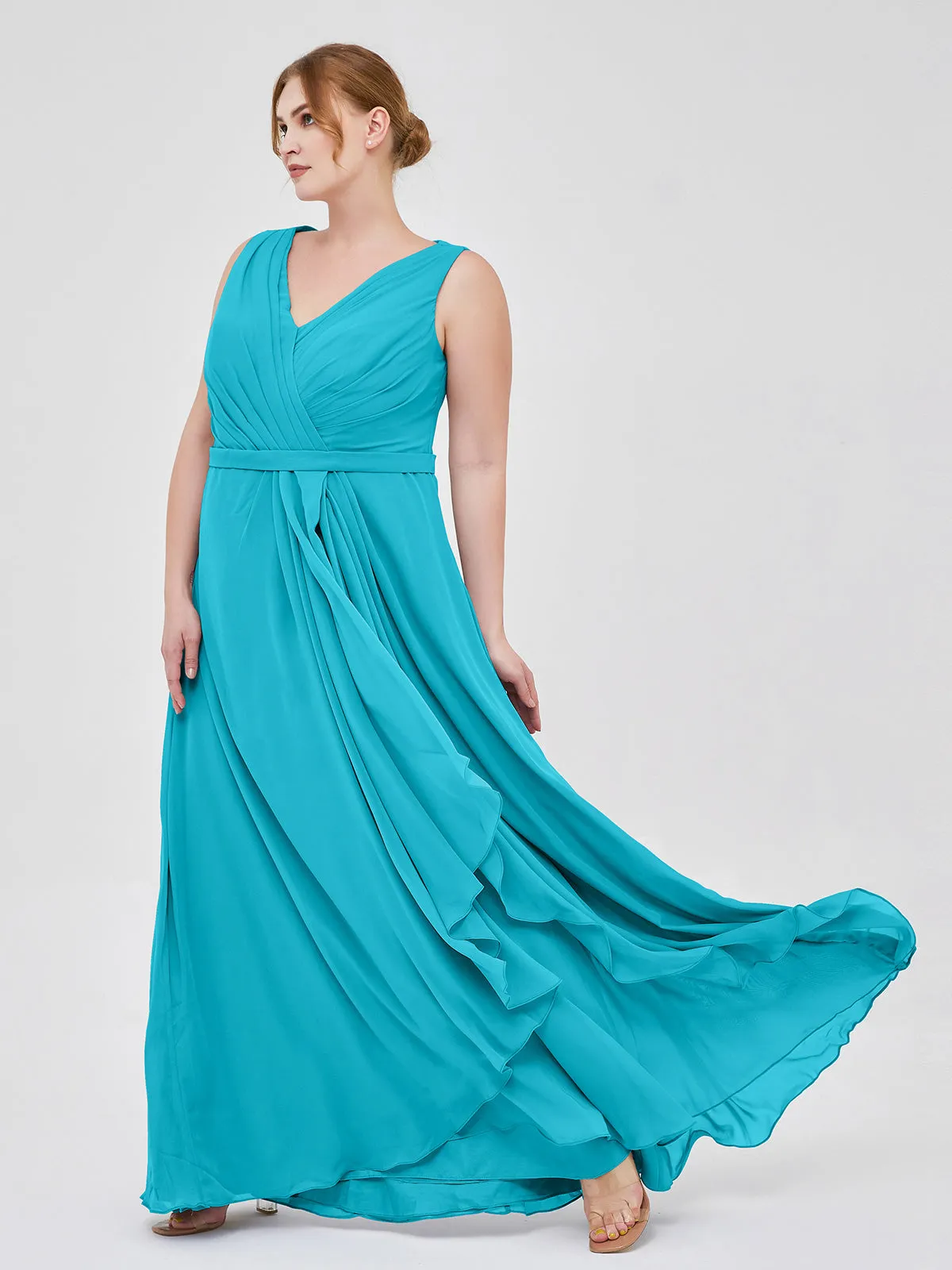 A-line Chiffon Open Back Dress With V-Neck Jade Plus Size