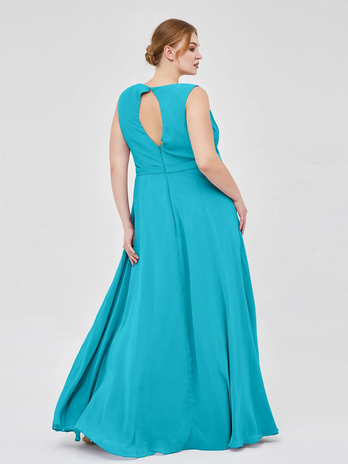 A-line Chiffon Open Back Dress With V-Neck Jade Plus Size