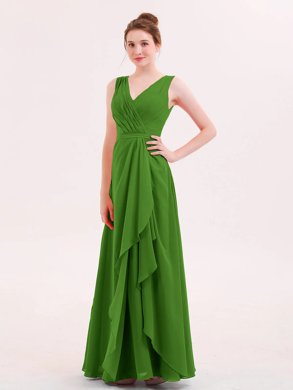 A-line Chiffon Open Back Dress With V-Neck Moss