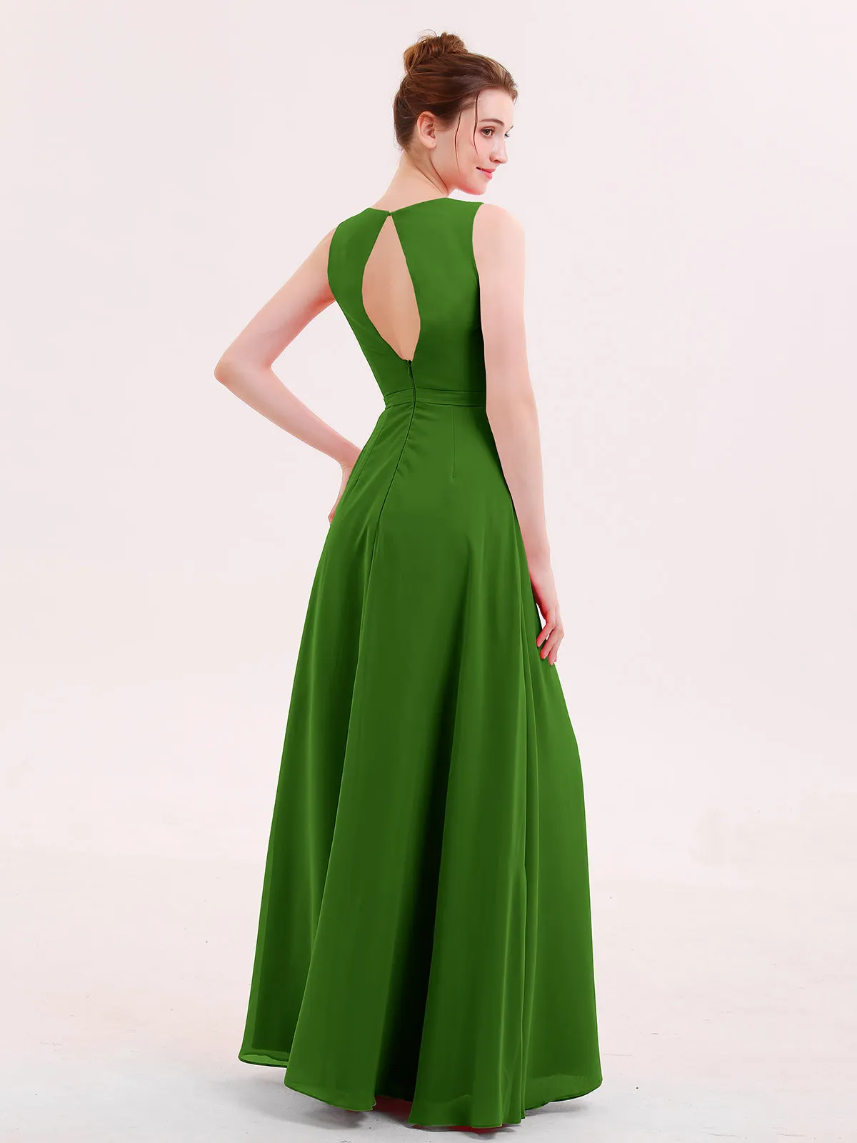 A-line Chiffon Open Back Dress With V-Neck Moss