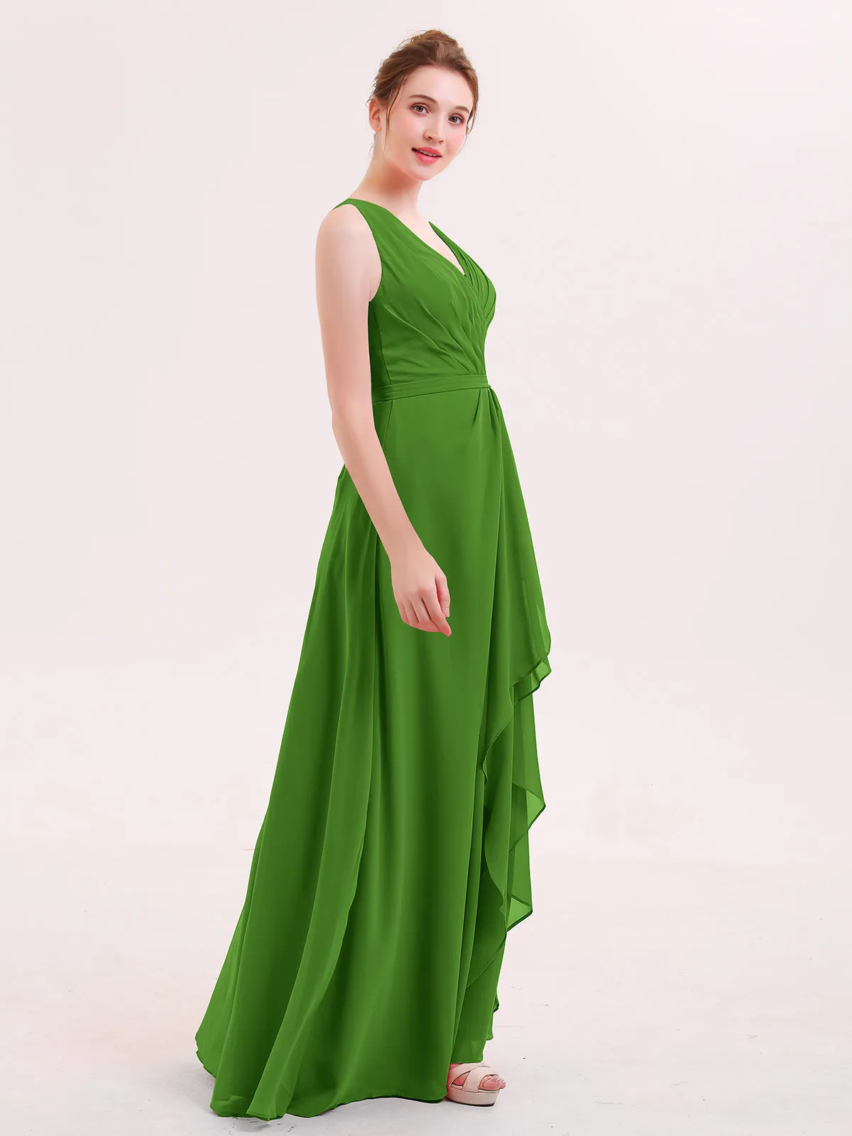 A-line Chiffon Open Back Dress With V-Neck Moss