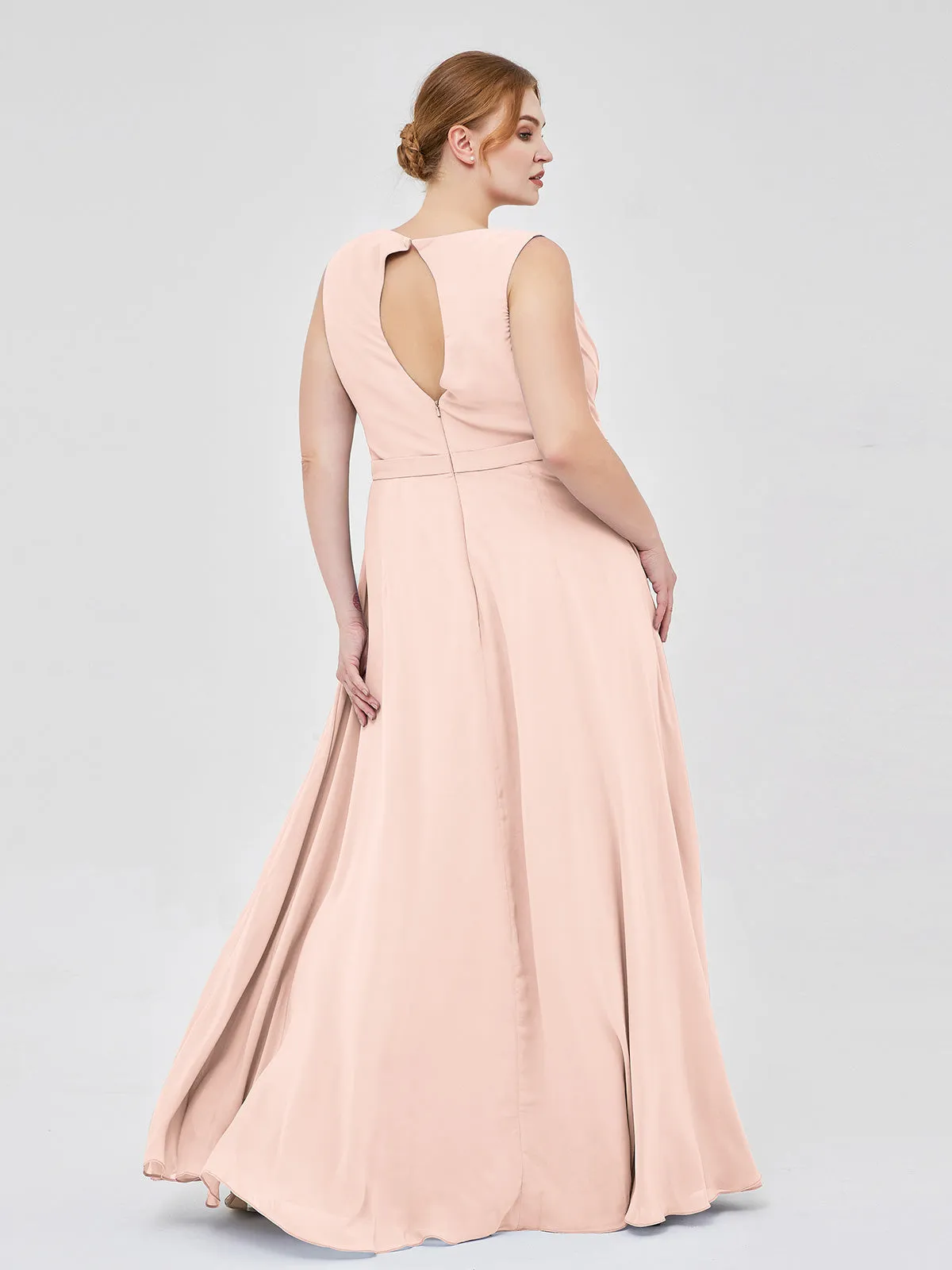 A-line Chiffon Open Back Dress With V-Neck Pearl Pink Plus Size