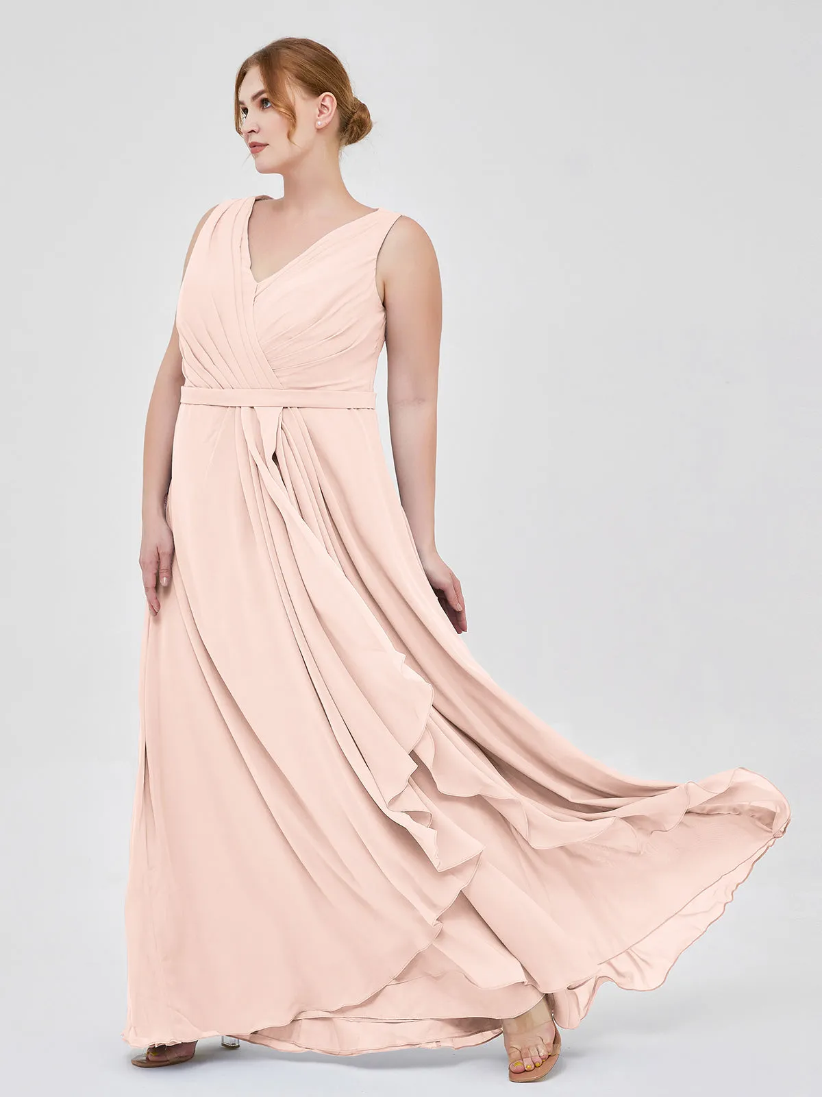 A-line Chiffon Open Back Dress With V-Neck Pearl Pink Plus Size
