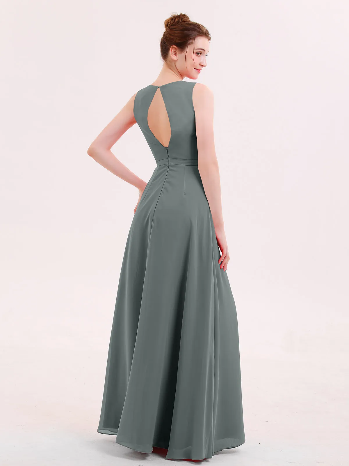 A-line Chiffon Open Back Dress With V-Neck Steel Grey