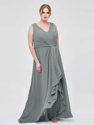 A-line Chiffon Open Back Dress With V-Neck Steel Grey