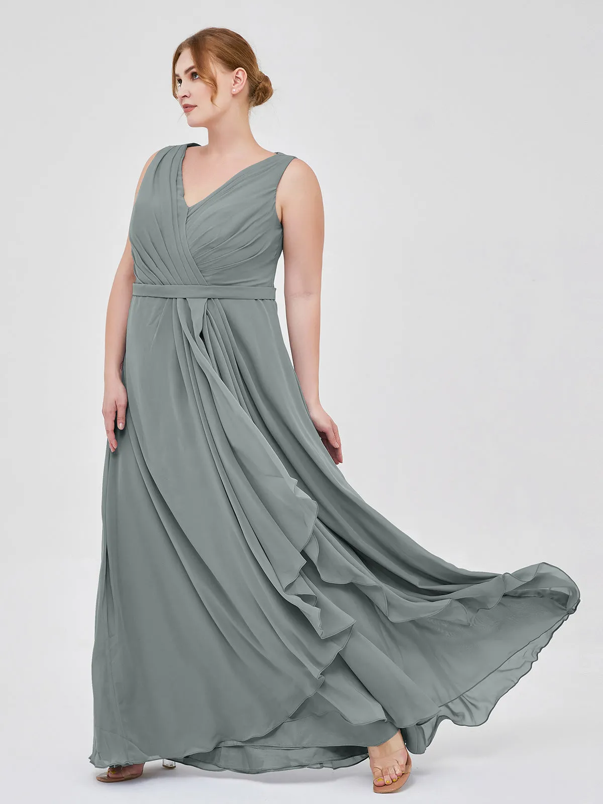 A-line Chiffon Open Back Dress With V-Neck Steel Grey