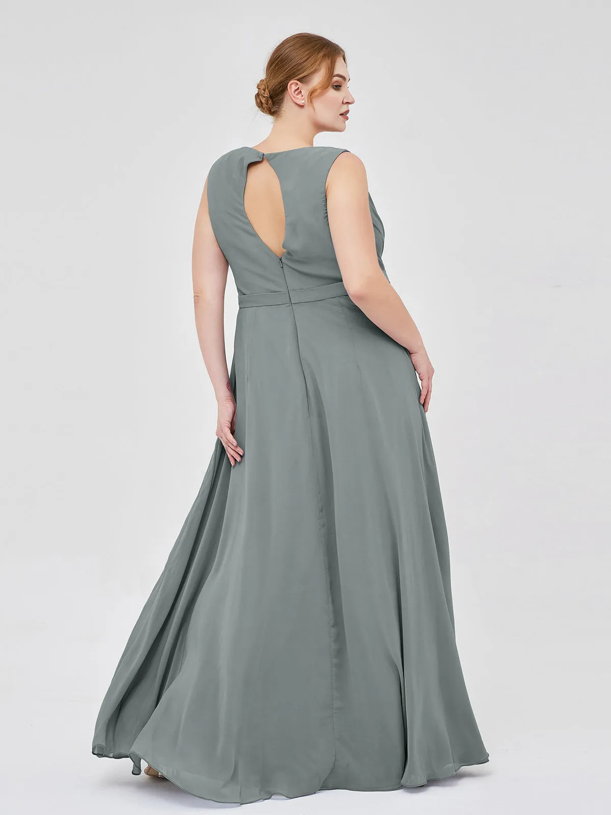 A-line Chiffon Open Back Dress With V-Neck Steel Grey