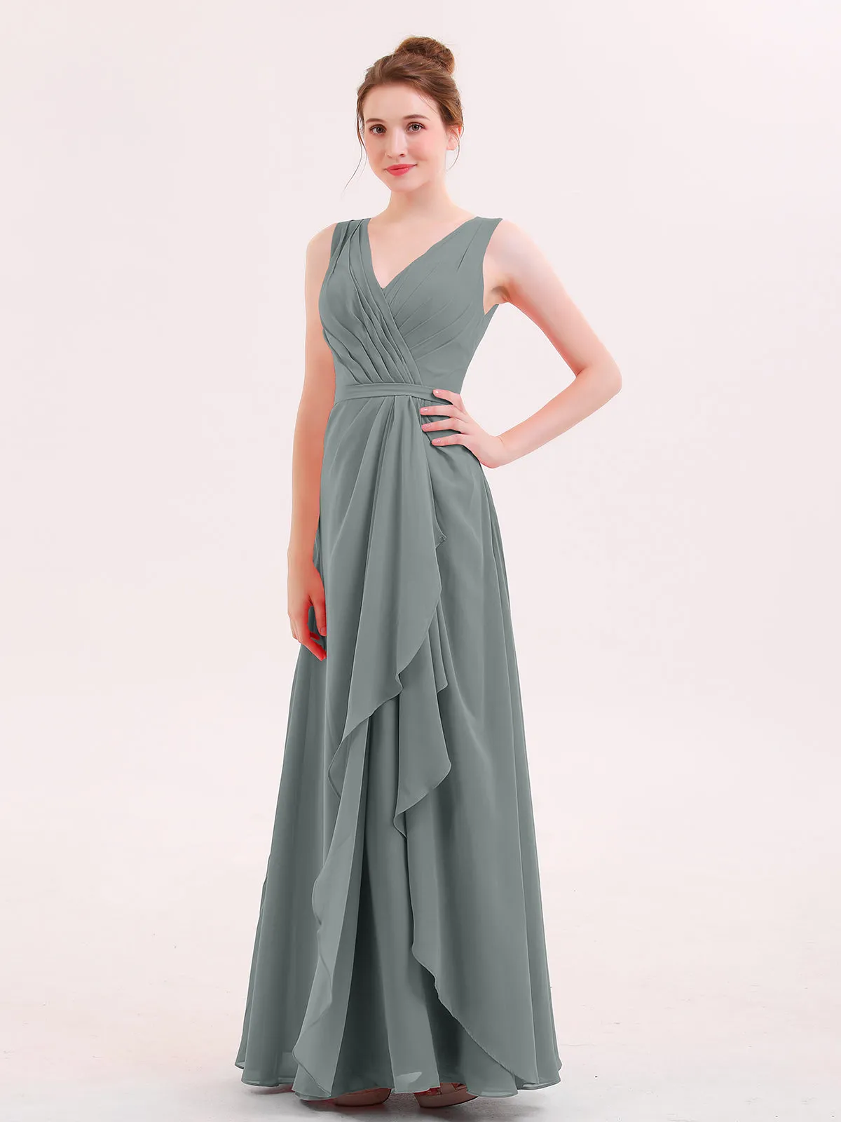 A-line Chiffon Open Back Dress With V-Neck Steel Grey