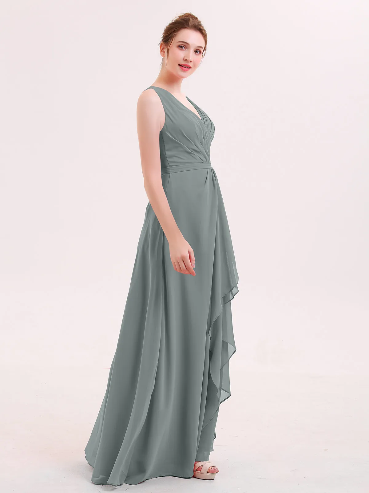 A-line Chiffon Open Back Dress With V-Neck Steel Grey