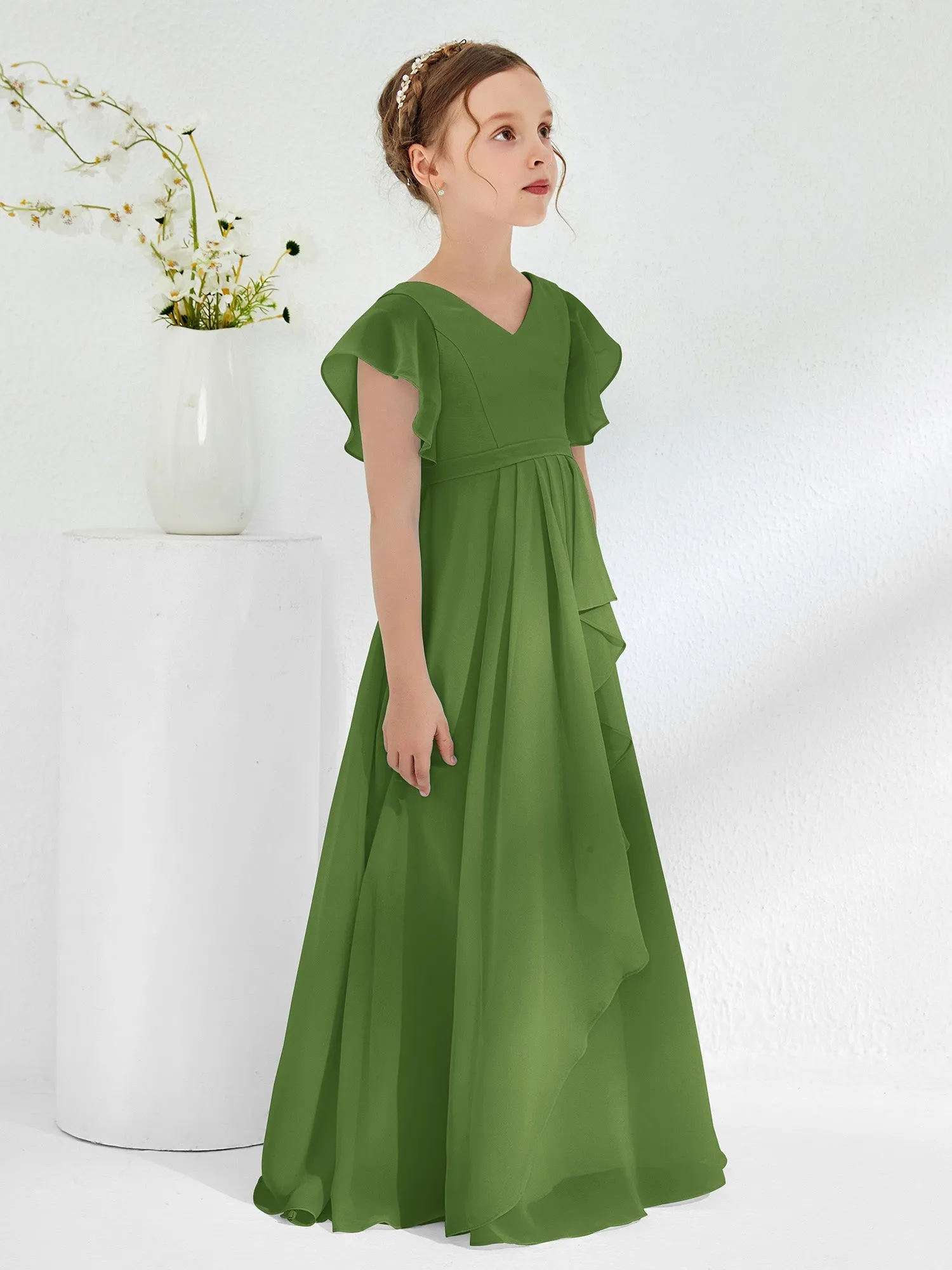 A-line Flutter Sleeves Junior Bridesmaid Dresses Moss