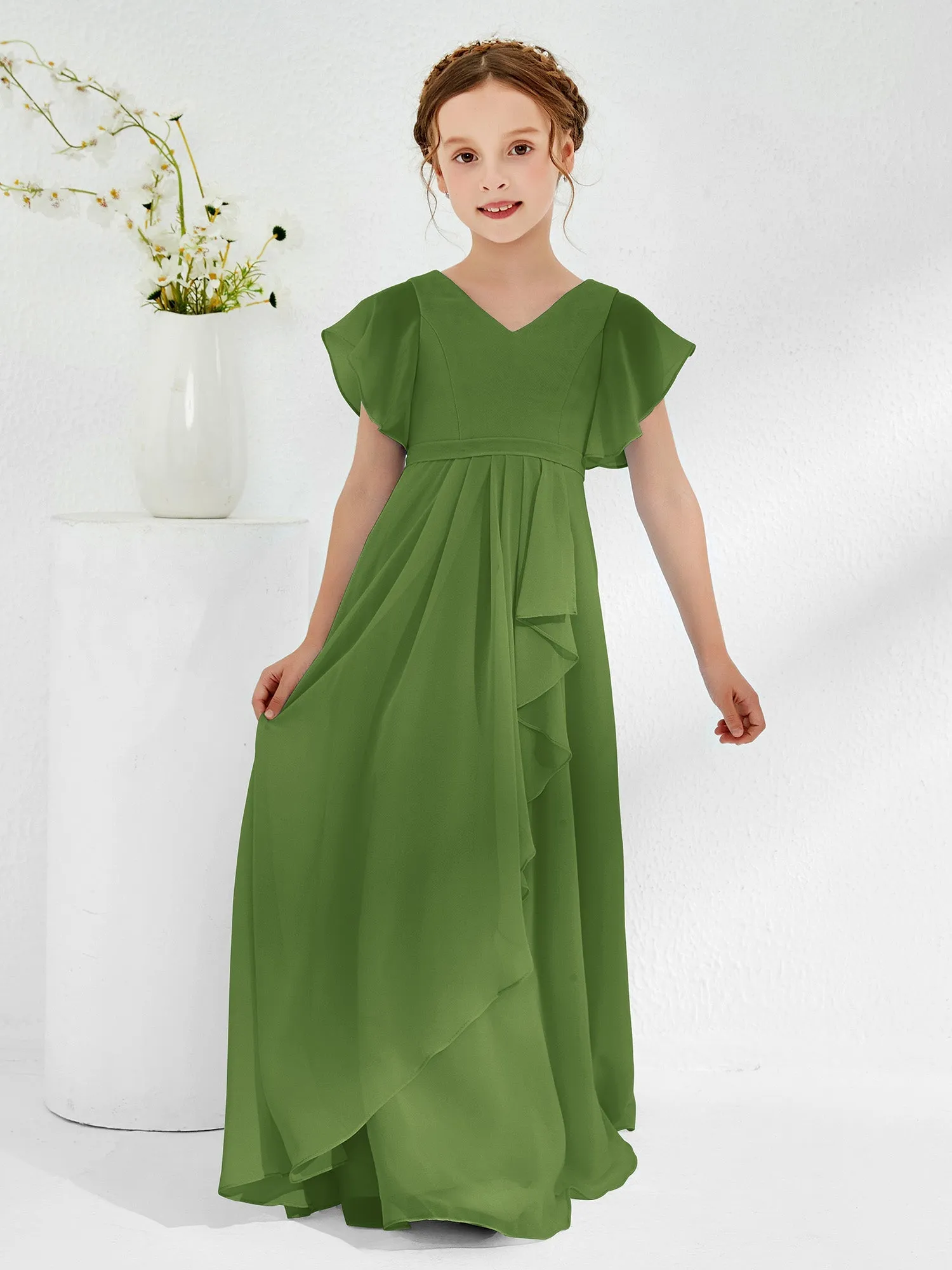 A-line Flutter Sleeves Junior Bridesmaid Dresses Moss
