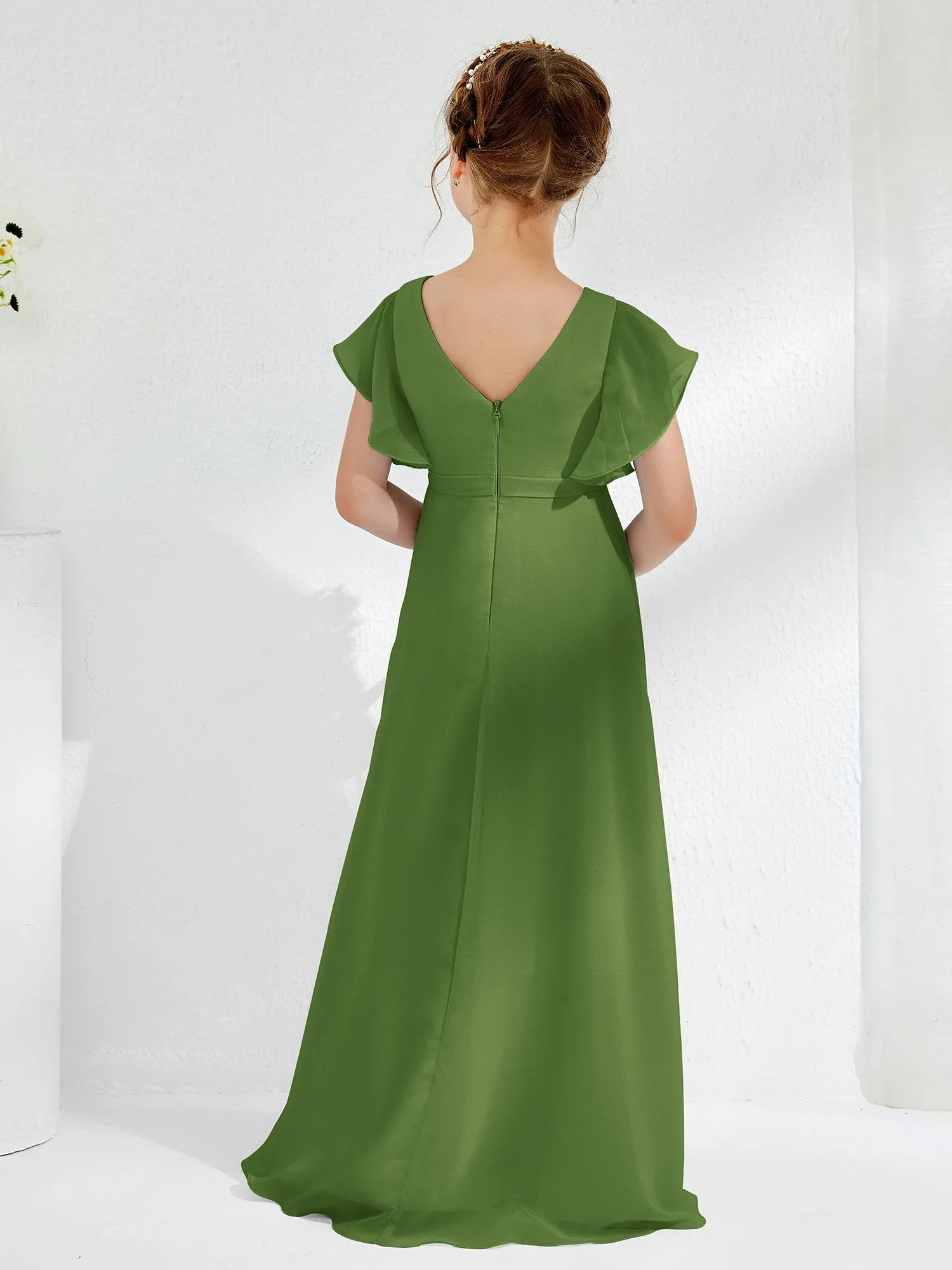A-line Flutter Sleeves Junior Bridesmaid Dresses Moss