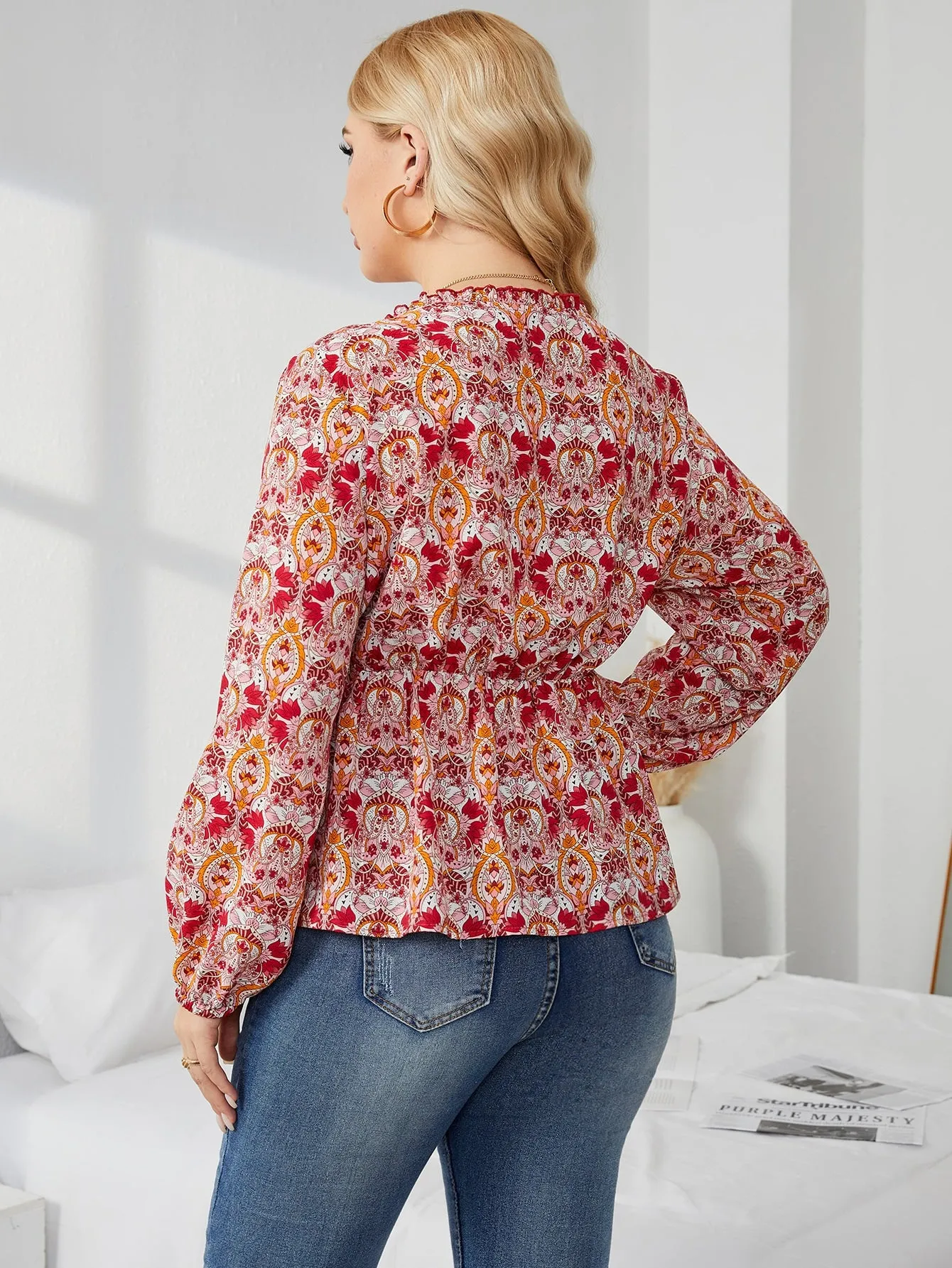 All Over Print Tie Front Long Sleeve V Neck Flared Regular Plus Size Blouse