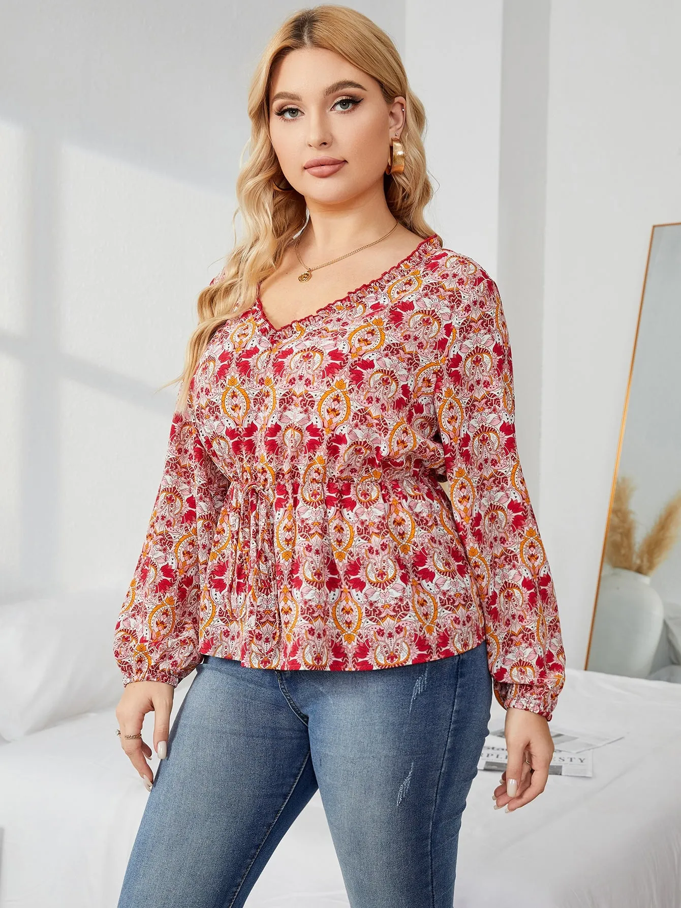 All Over Print Tie Front Long Sleeve V Neck Flared Regular Plus Size Blouse