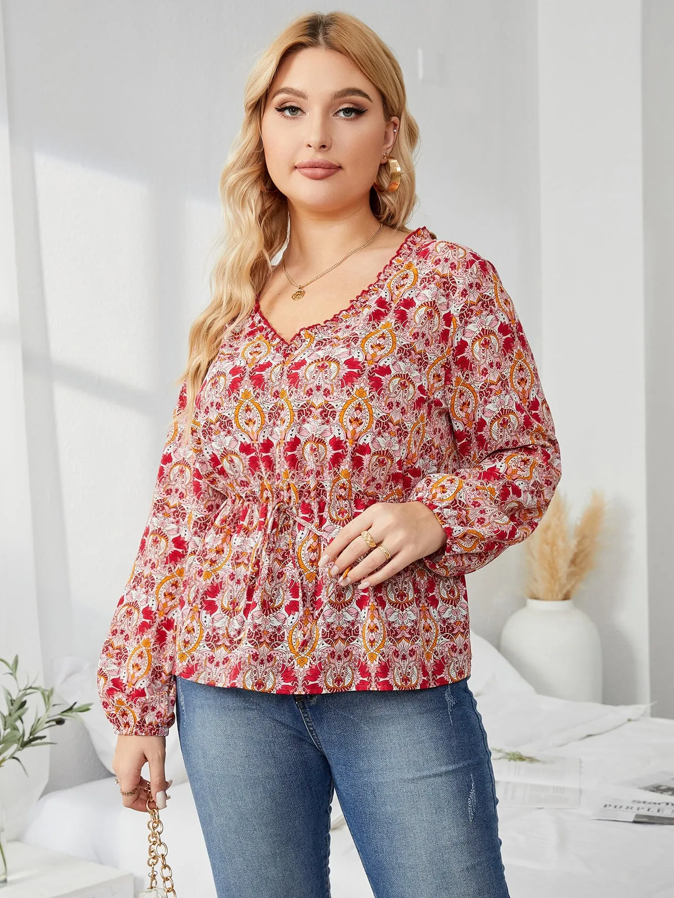 All Over Print Tie Front Long Sleeve V Neck Flared Regular Plus Size Blouse