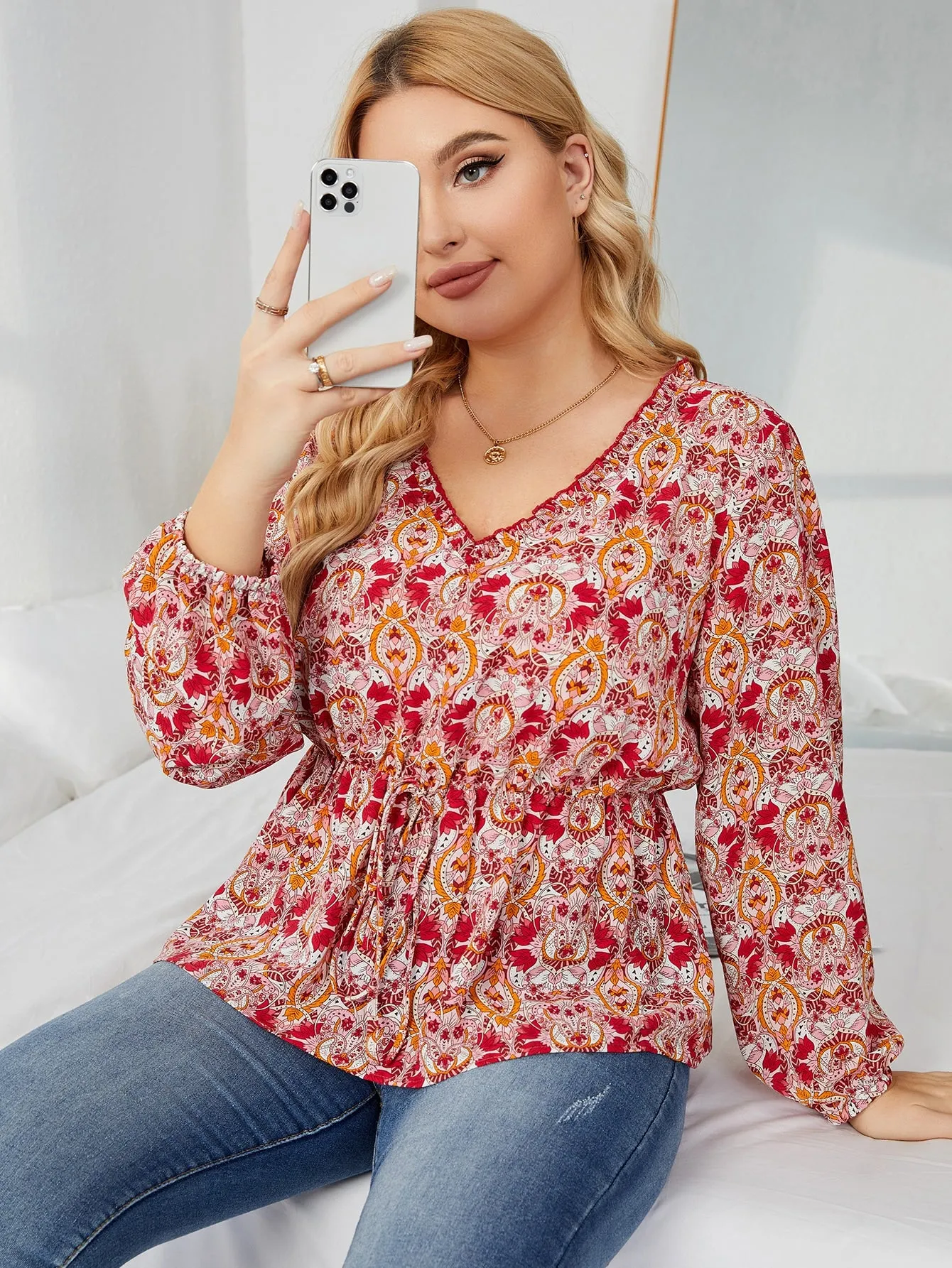 All Over Print Tie Front Long Sleeve V Neck Flared Regular Plus Size Blouse
