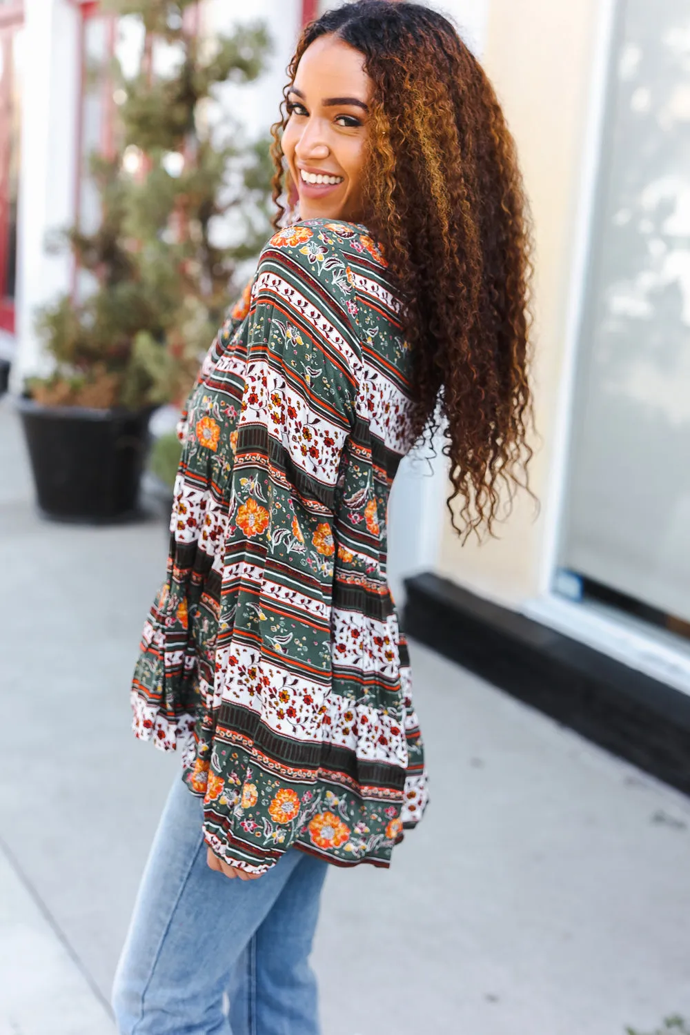 BiBi Beautiful You Green Floral Stripe Woven Blouse