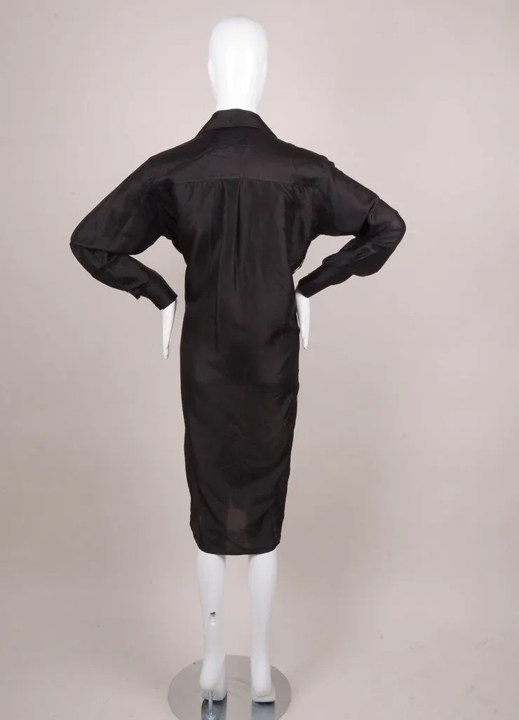 Black Silk Long Sleeve Minimal Tapered Shirt Dress