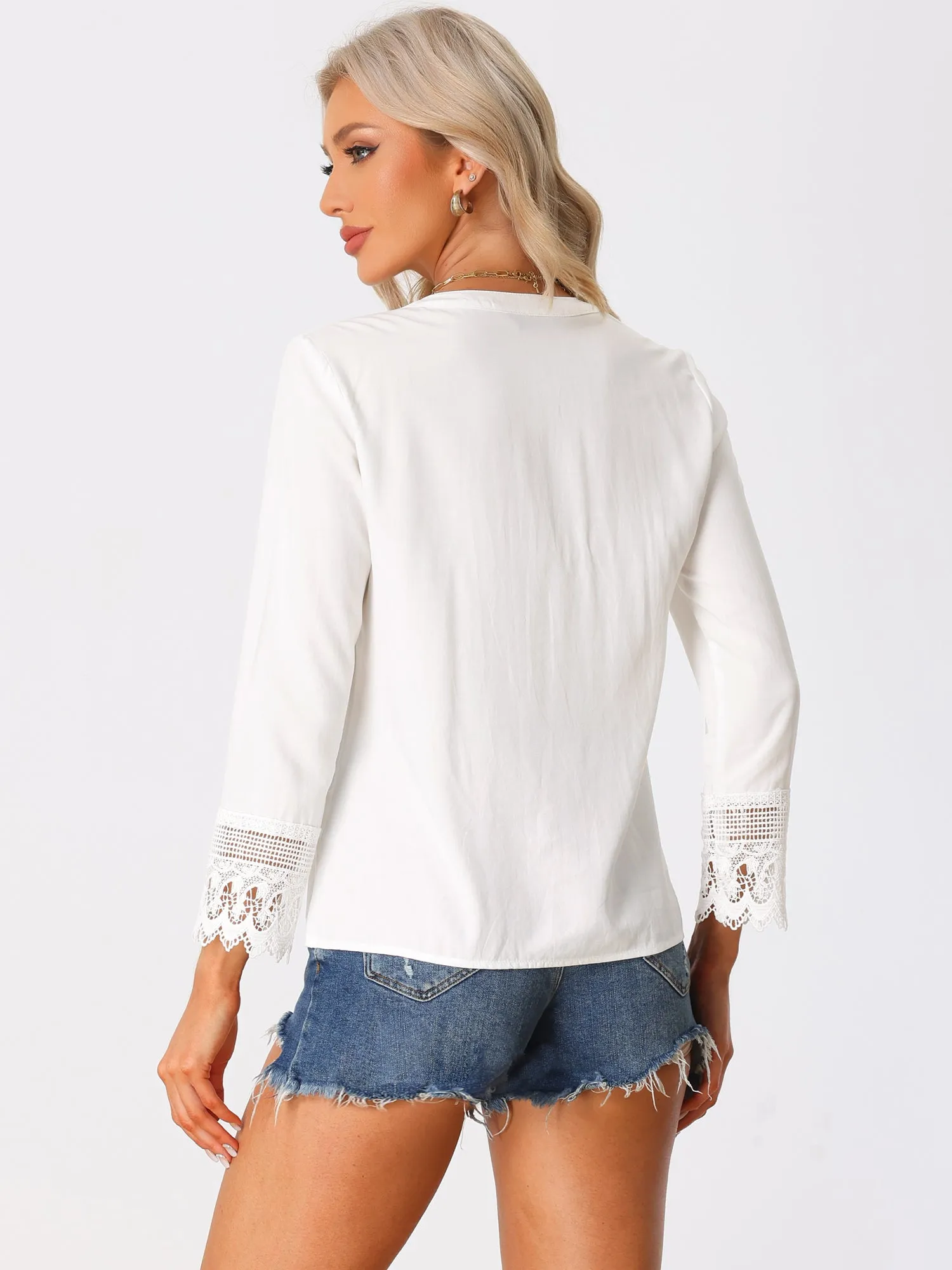 Boho Half Button Placket Long Sleeve Lace Crochet Blouses