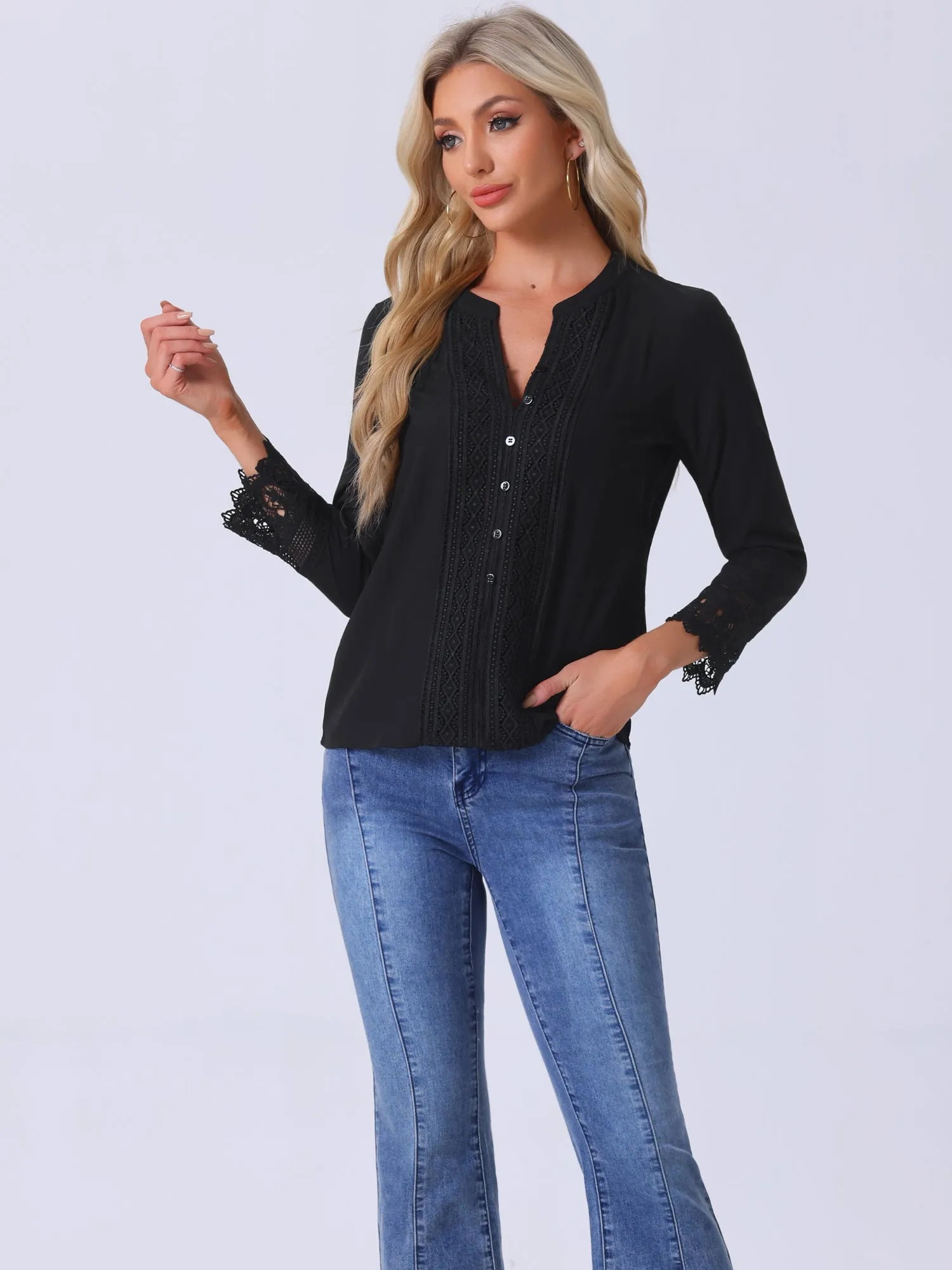 Boho Half Button Placket Long Sleeve Lace Crochet Blouses