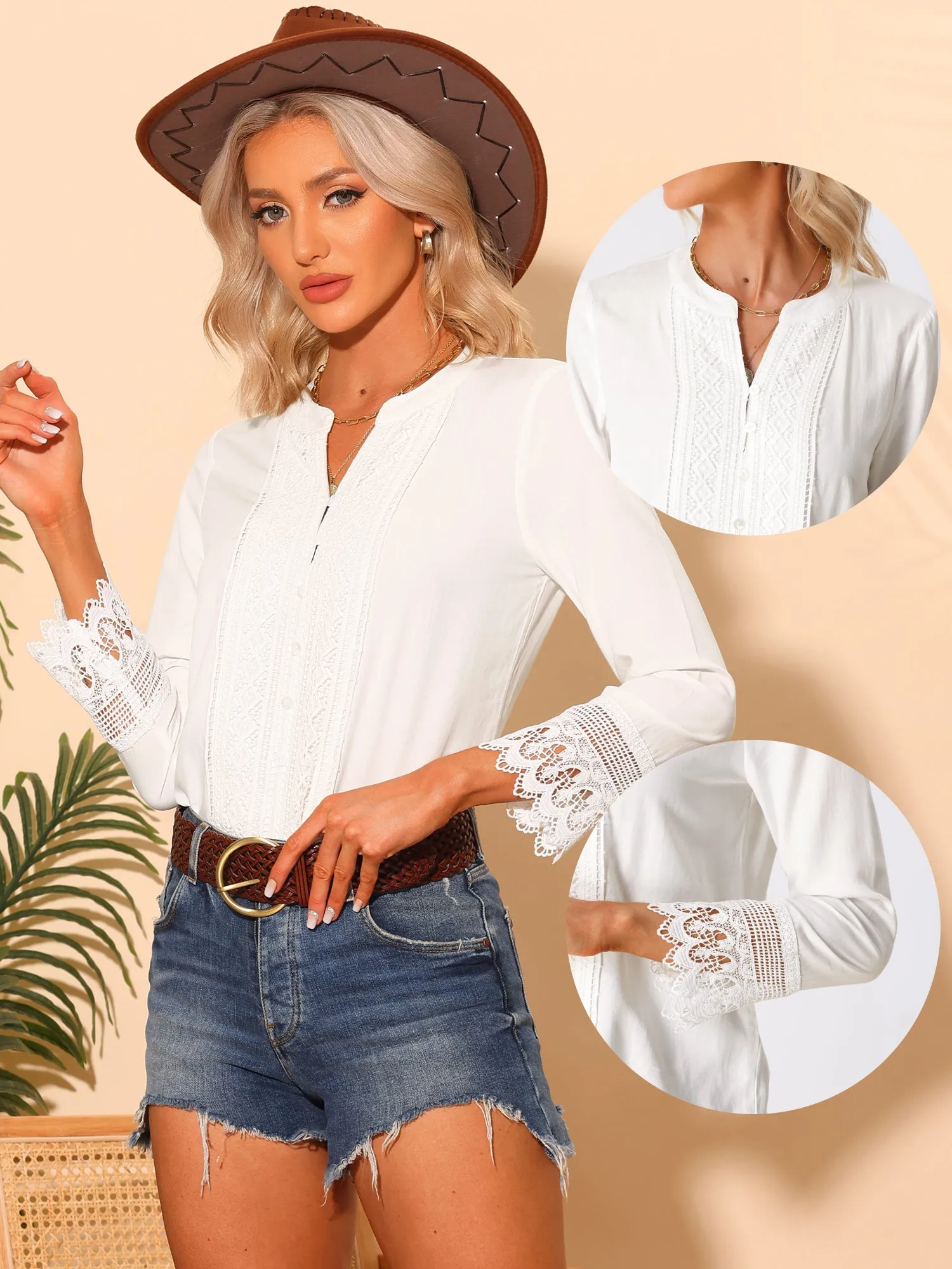 Boho Half Button Placket Long Sleeve Lace Crochet Blouses