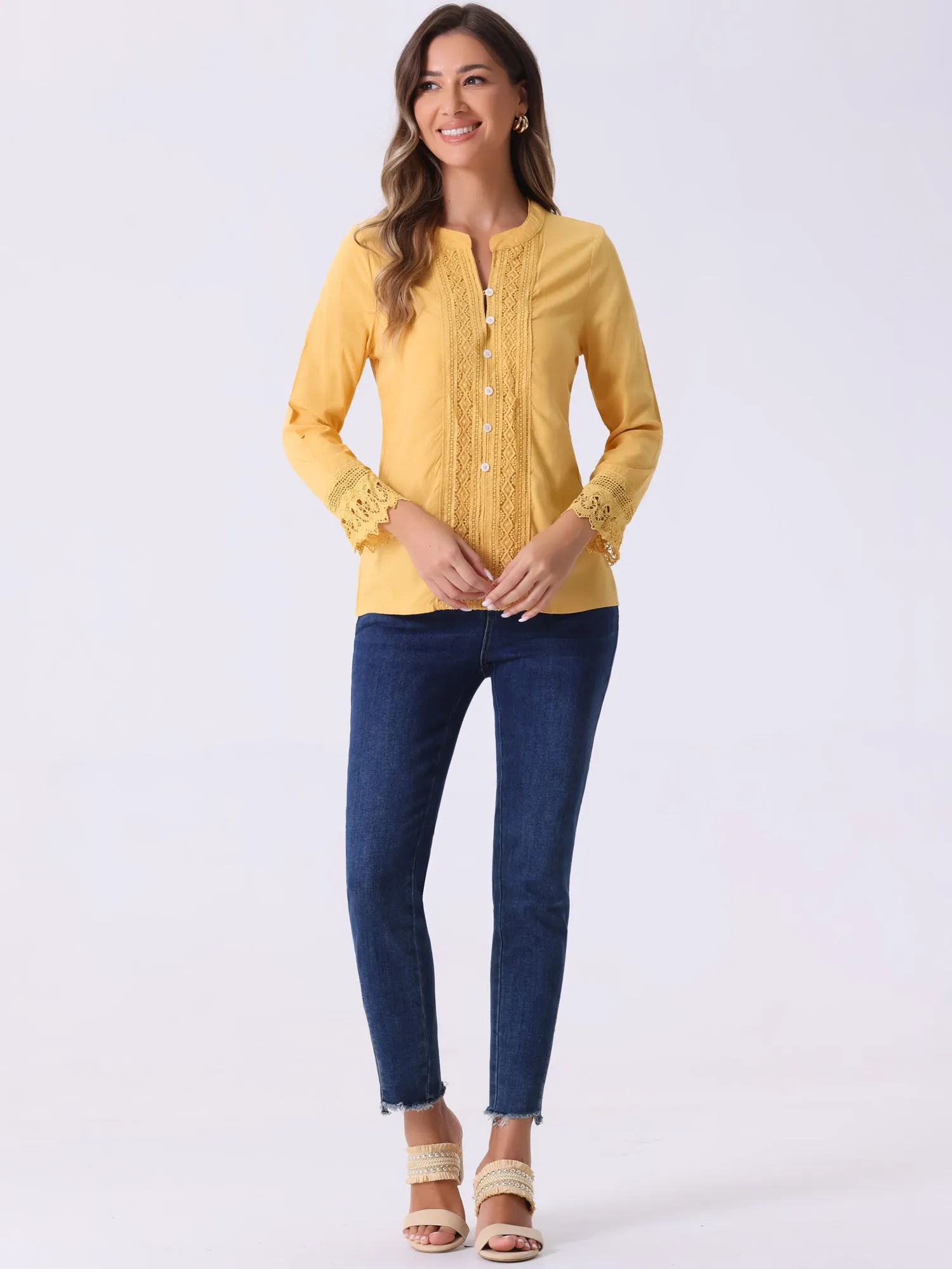 Boho Half Button Placket Long Sleeve Lace Crochet Blouses