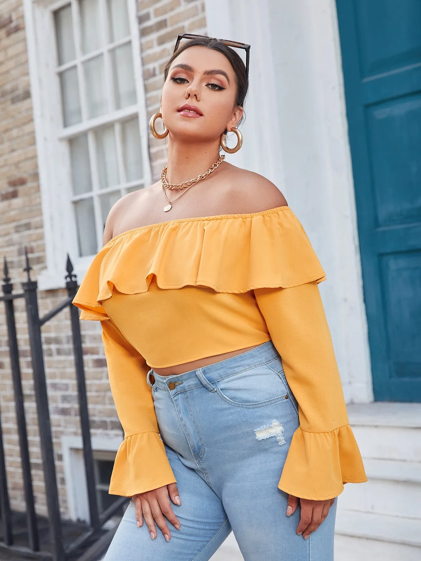 Boho Plain Ruffle Long Sleeve Off The Shoulder Crop Plus Size Blouse