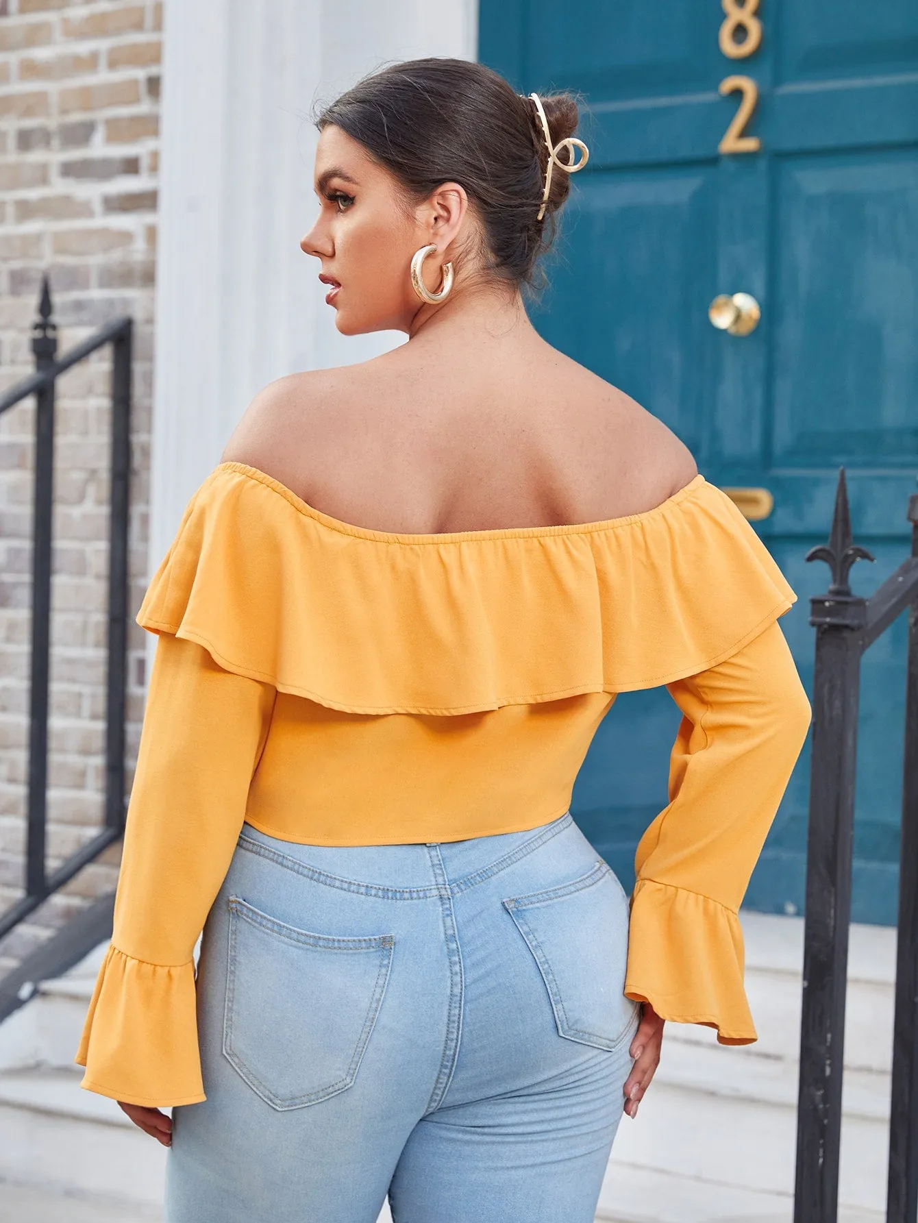 Boho Plain Ruffle Long Sleeve Off The Shoulder Crop Plus Size Blouse
