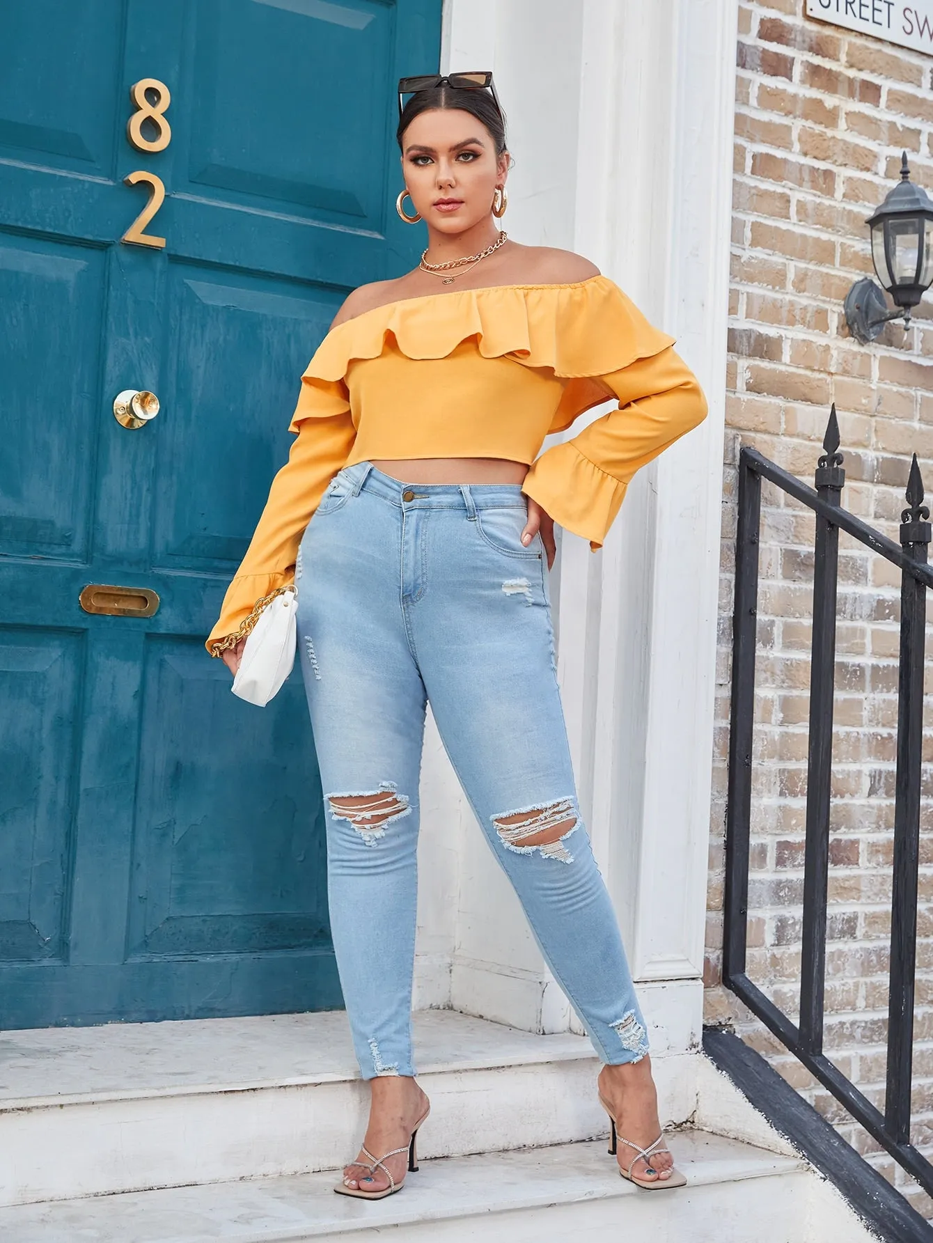 Boho Plain Ruffle Long Sleeve Off The Shoulder Crop Plus Size Blouse