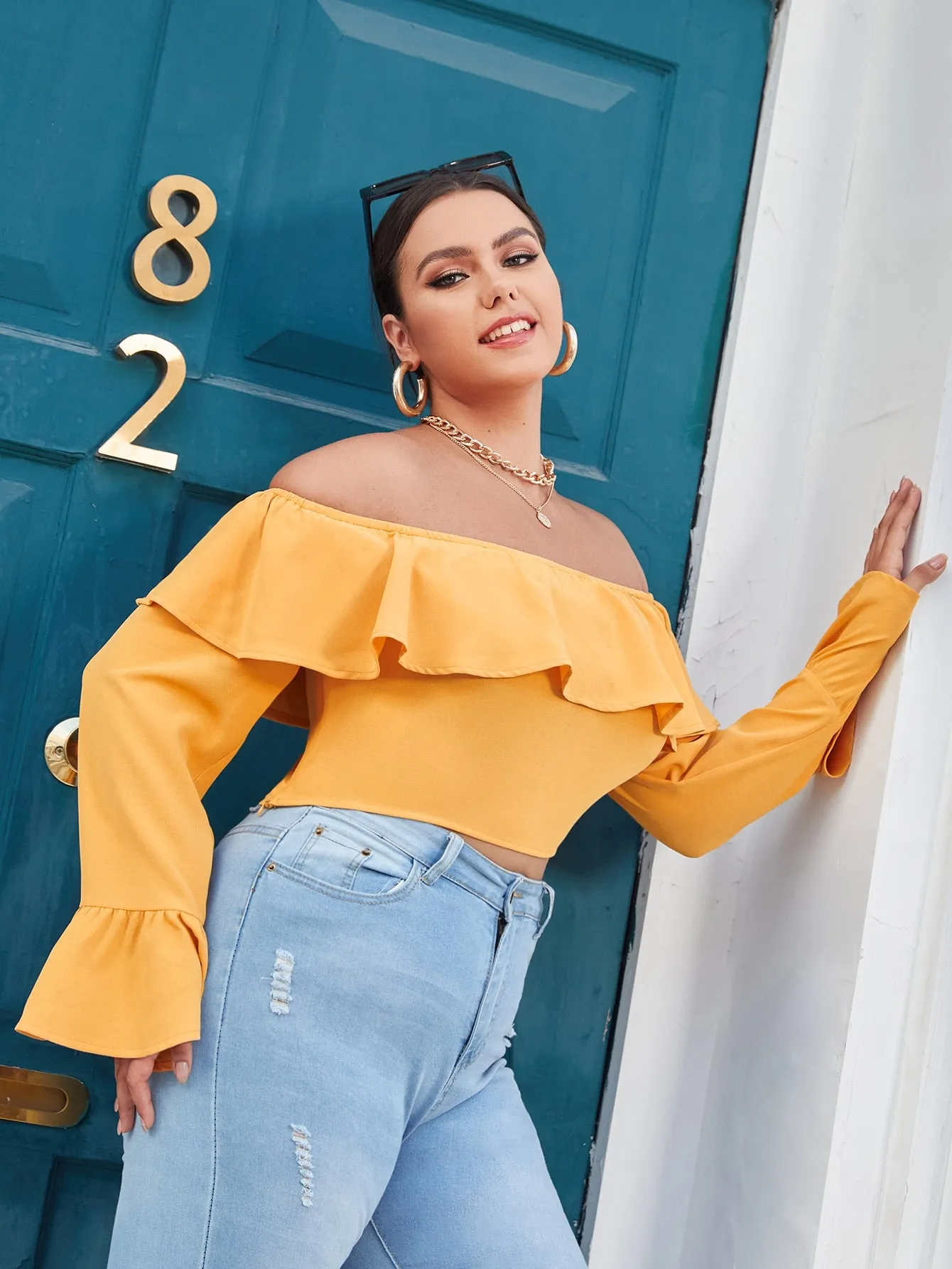 Boho Plain Ruffle Long Sleeve Off The Shoulder Crop Plus Size Blouse