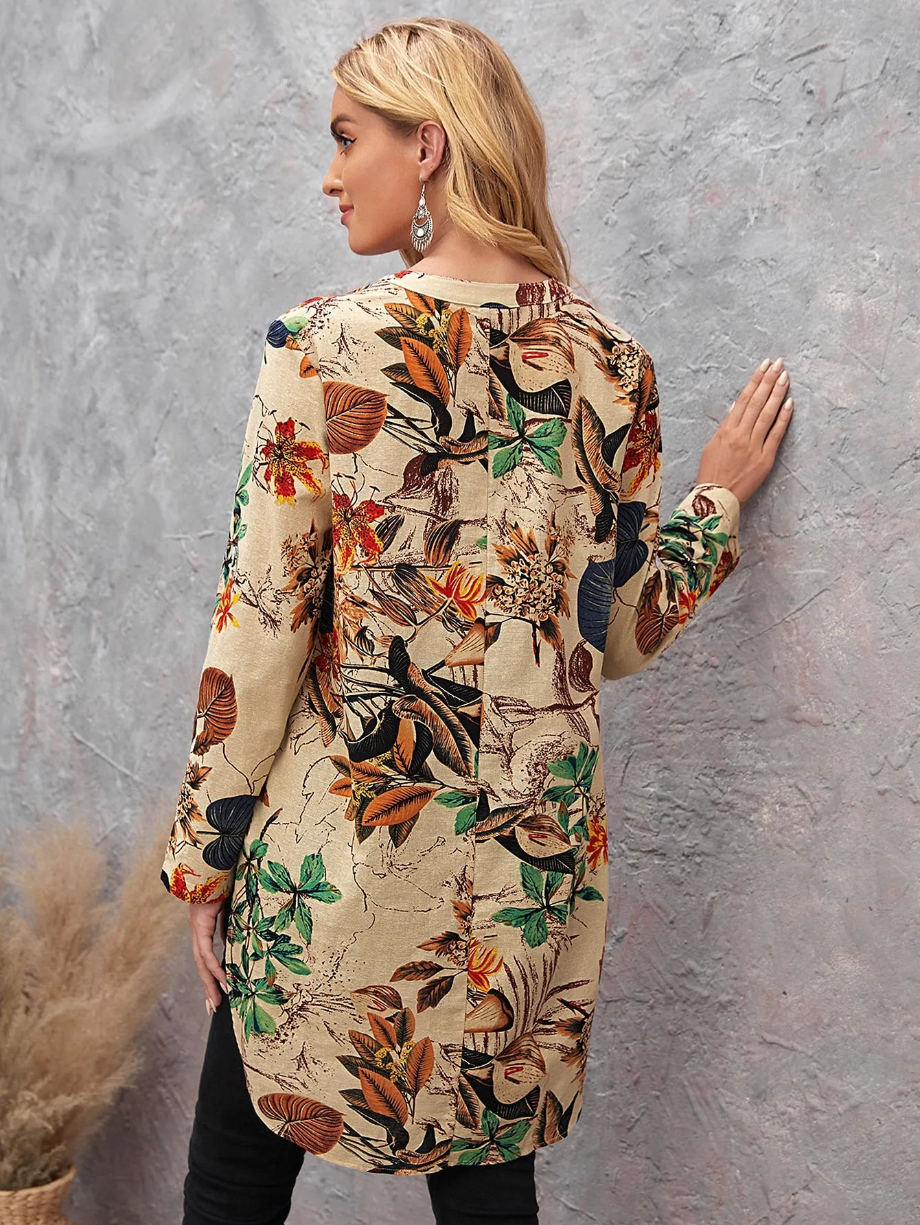 Boho Plants High Low Long Sleeve Notched Long Blouse
