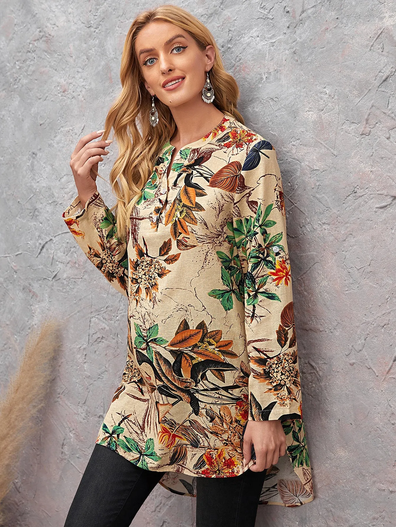 Boho Plants High Low Long Sleeve Notched Long Blouse