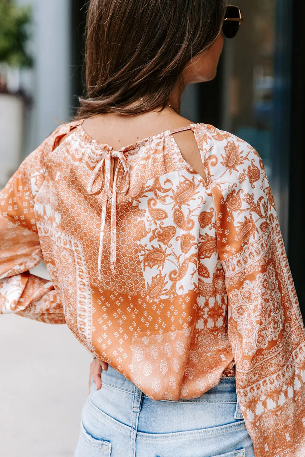 Boho Printed Drawstring Round Neck Blouse