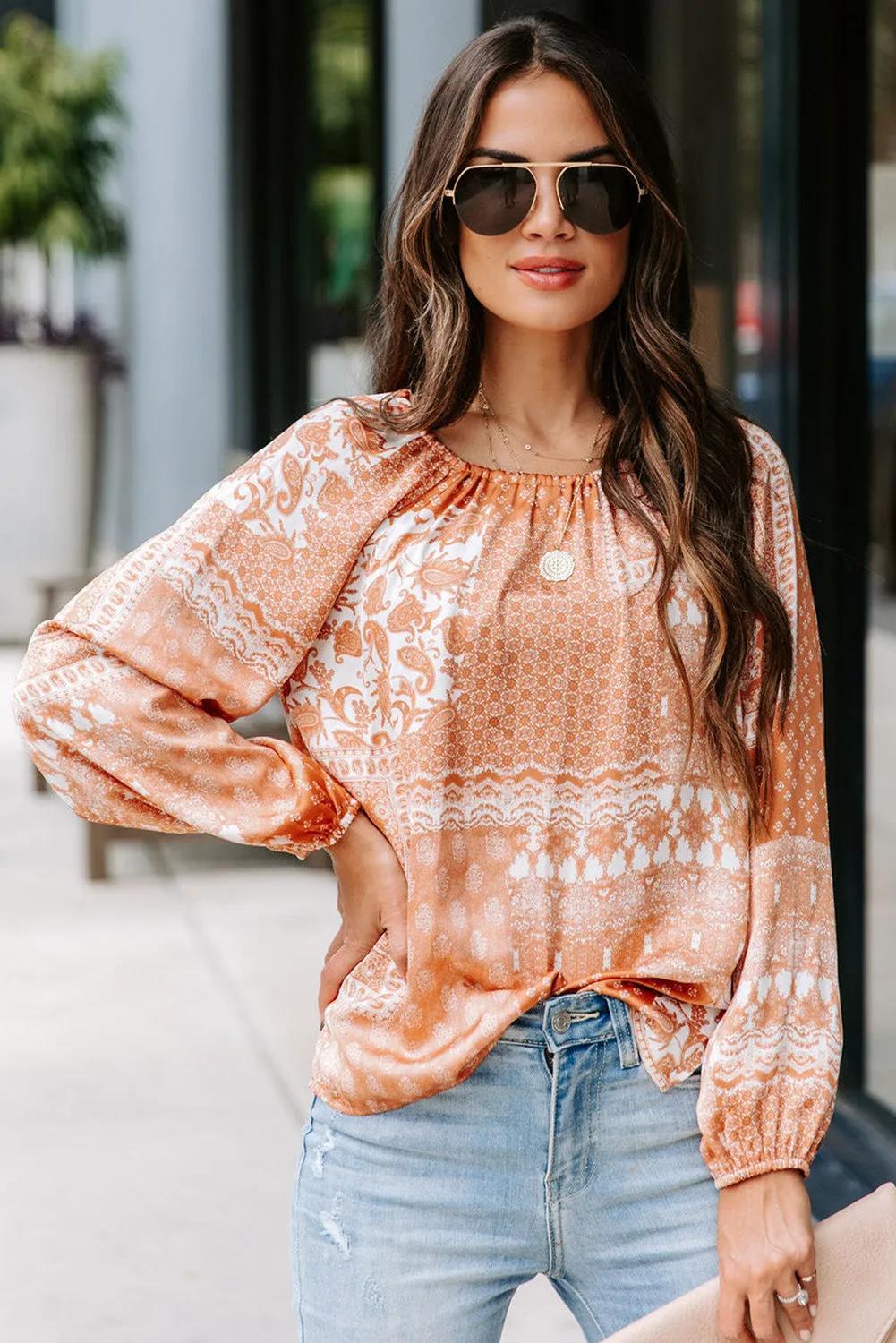 Boho Printed Drawstring Round Neck Blouse