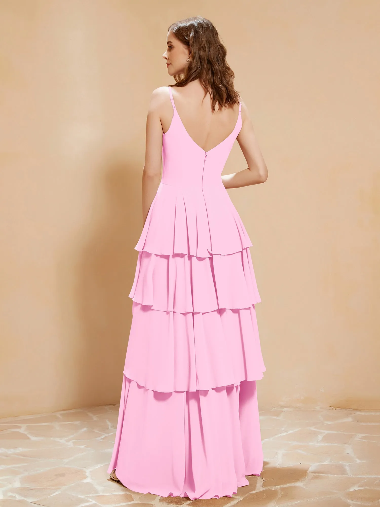 Boho V-neck Floor-length Dress Flowy Ruffles Candy Pink Plus Size