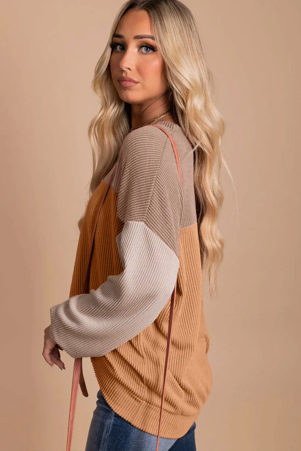 Cali Chic Women's Tops Khaki Color Block Celebrity Long Sleeve Ribbed Loose