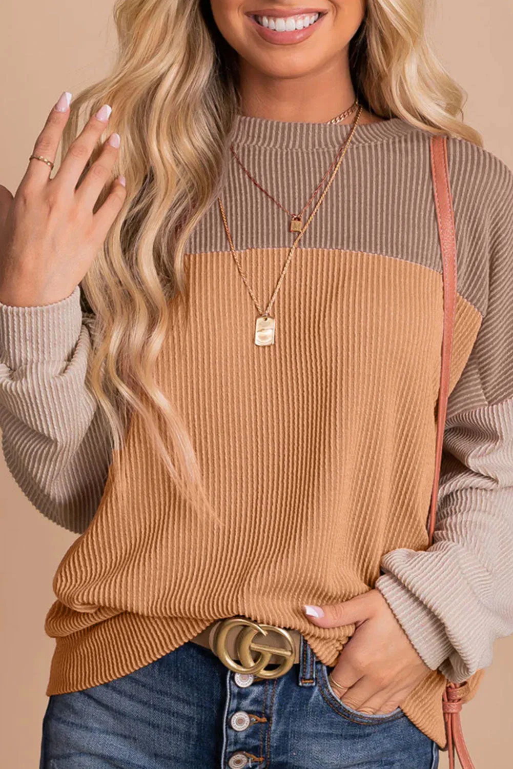 Cali Chic Women's Tops Khaki Color Block Celebrity Long Sleeve Ribbed Loose