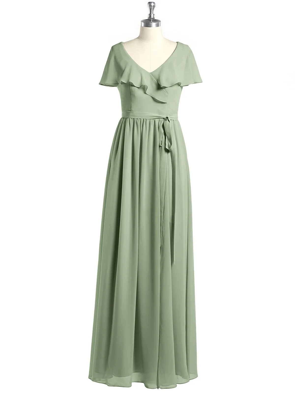 Cap Sleeves Long Chiffon Dresses with Slit-Dusty Sage Plus Size
