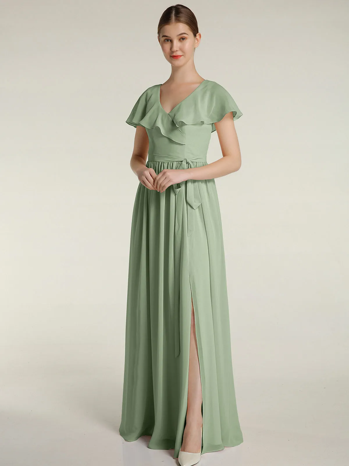Cap Sleeves Long Chiffon Dresses with Slit-Dusty Sage Plus Size