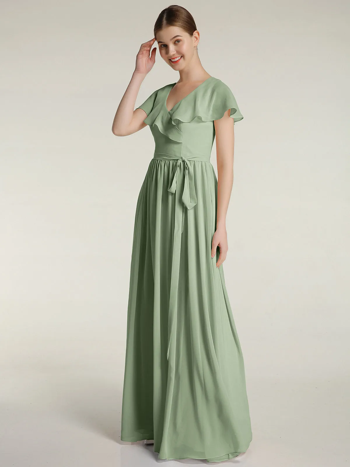 Cap Sleeves Long Chiffon Dresses with Slit-Dusty Sage Plus Size