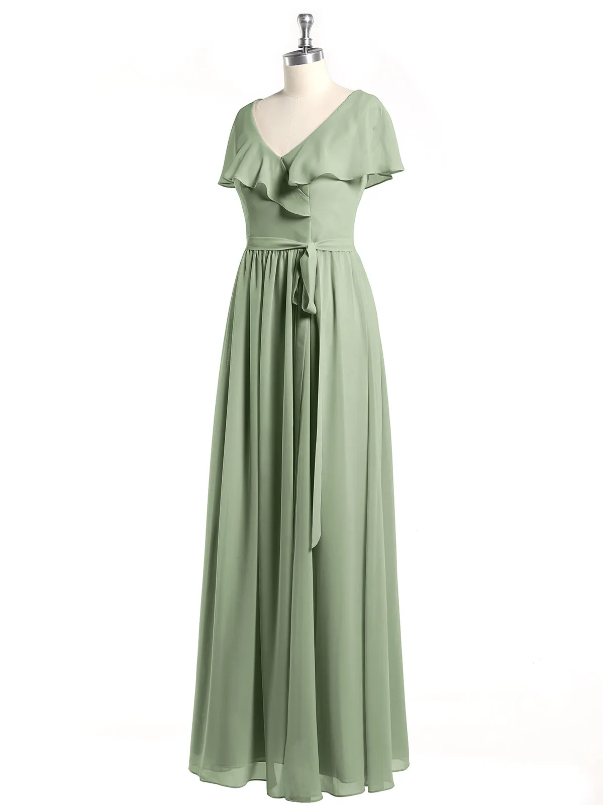 Cap Sleeves Long Chiffon Dresses with Slit-Dusty Sage Plus Size