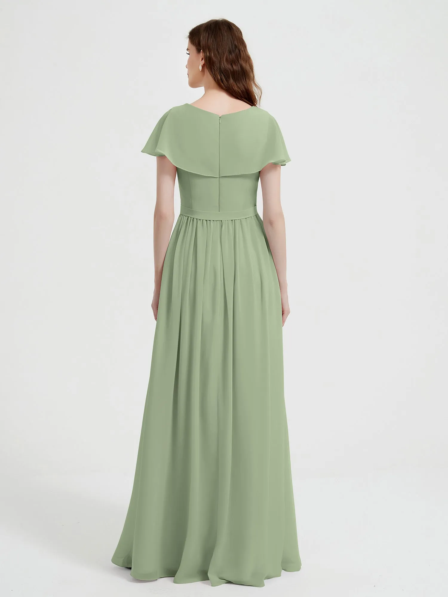Cap Sleeves Long Chiffon Dresses with Slit-Dusty Sage Plus Size