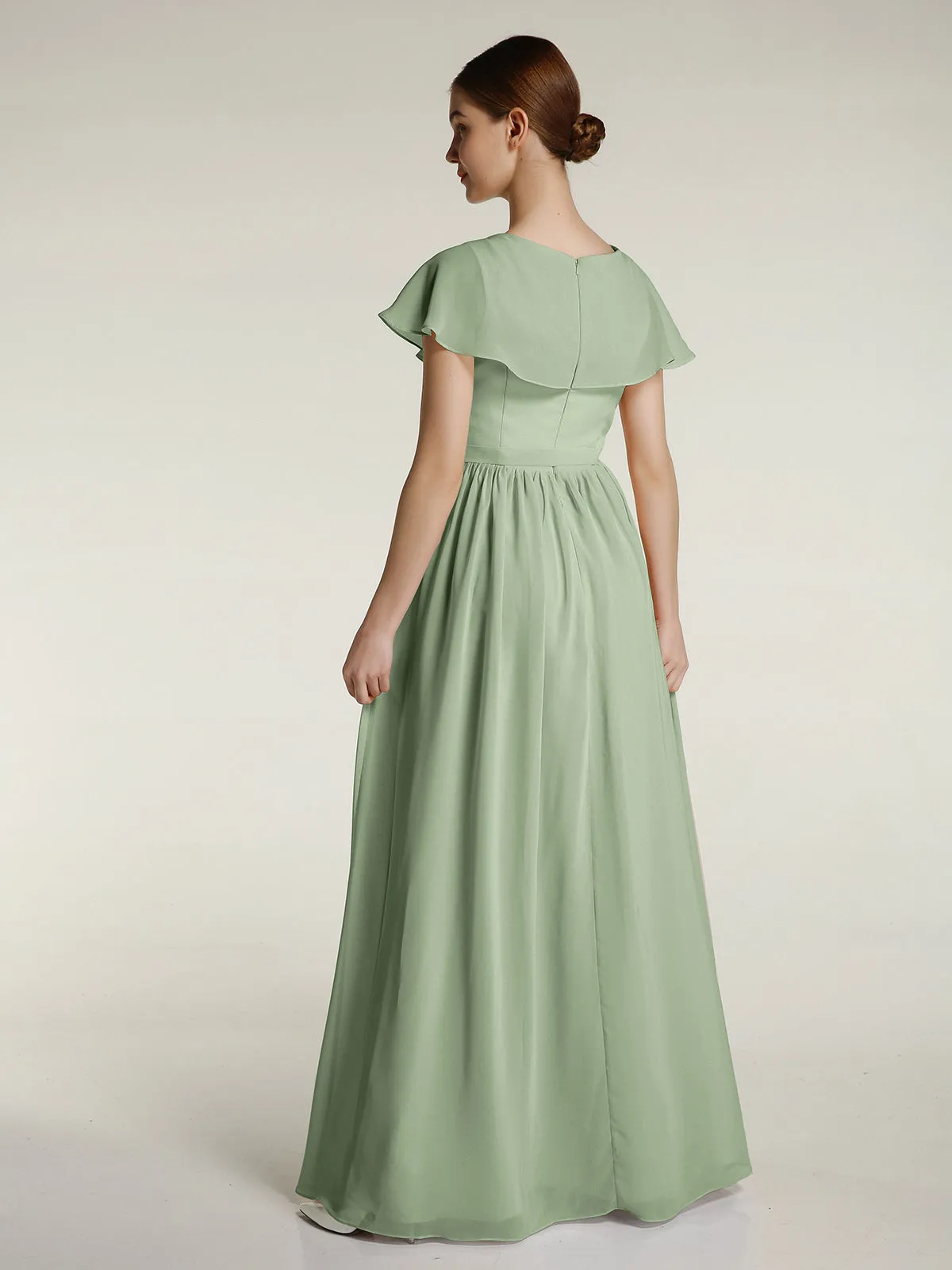 Cap Sleeves Long Chiffon Dresses with Slit-Dusty Sage Plus Size